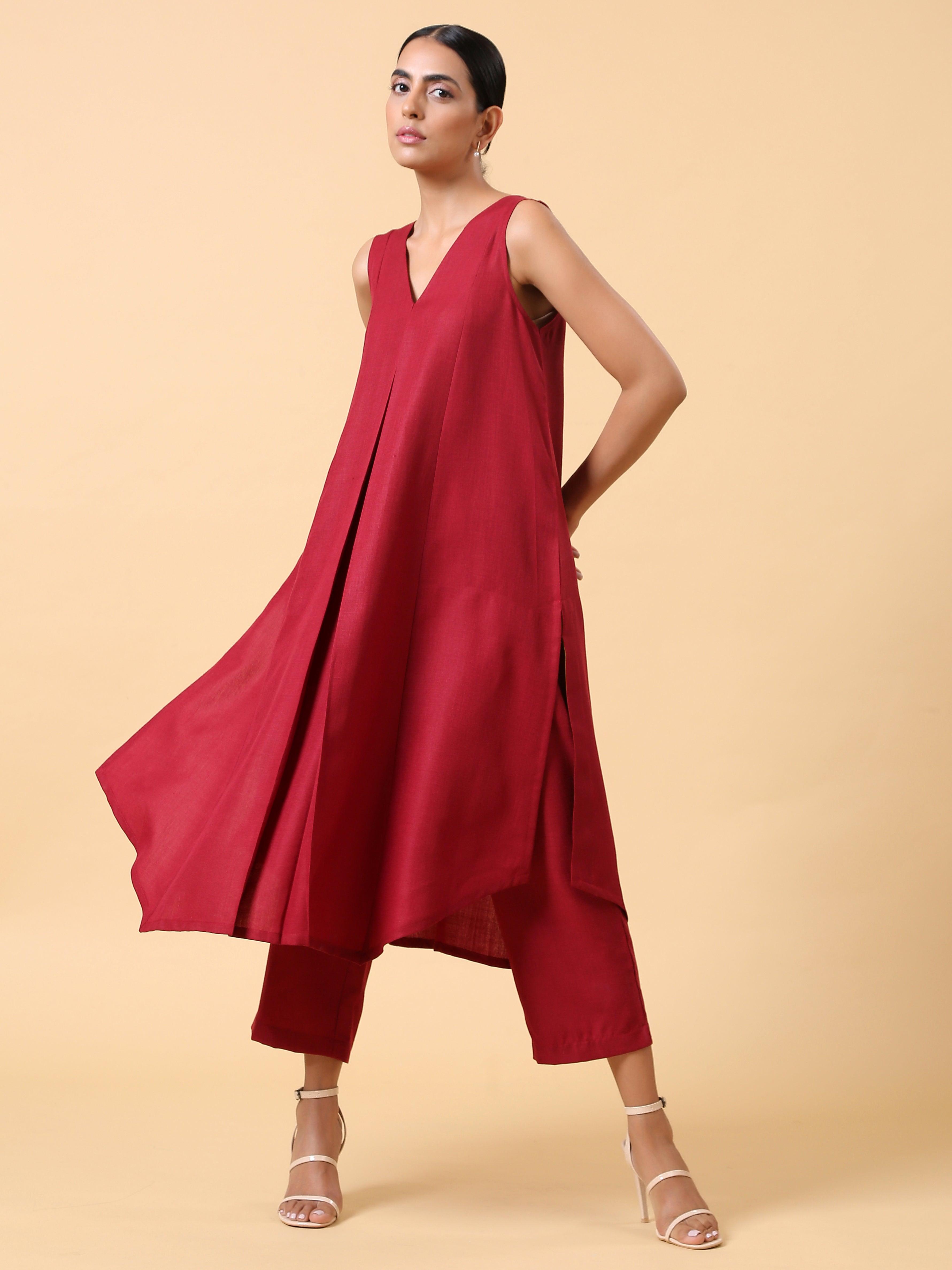 trueBrowns Cotton Linen Maroon Sleeveless Kurta Pant Set - Distacart