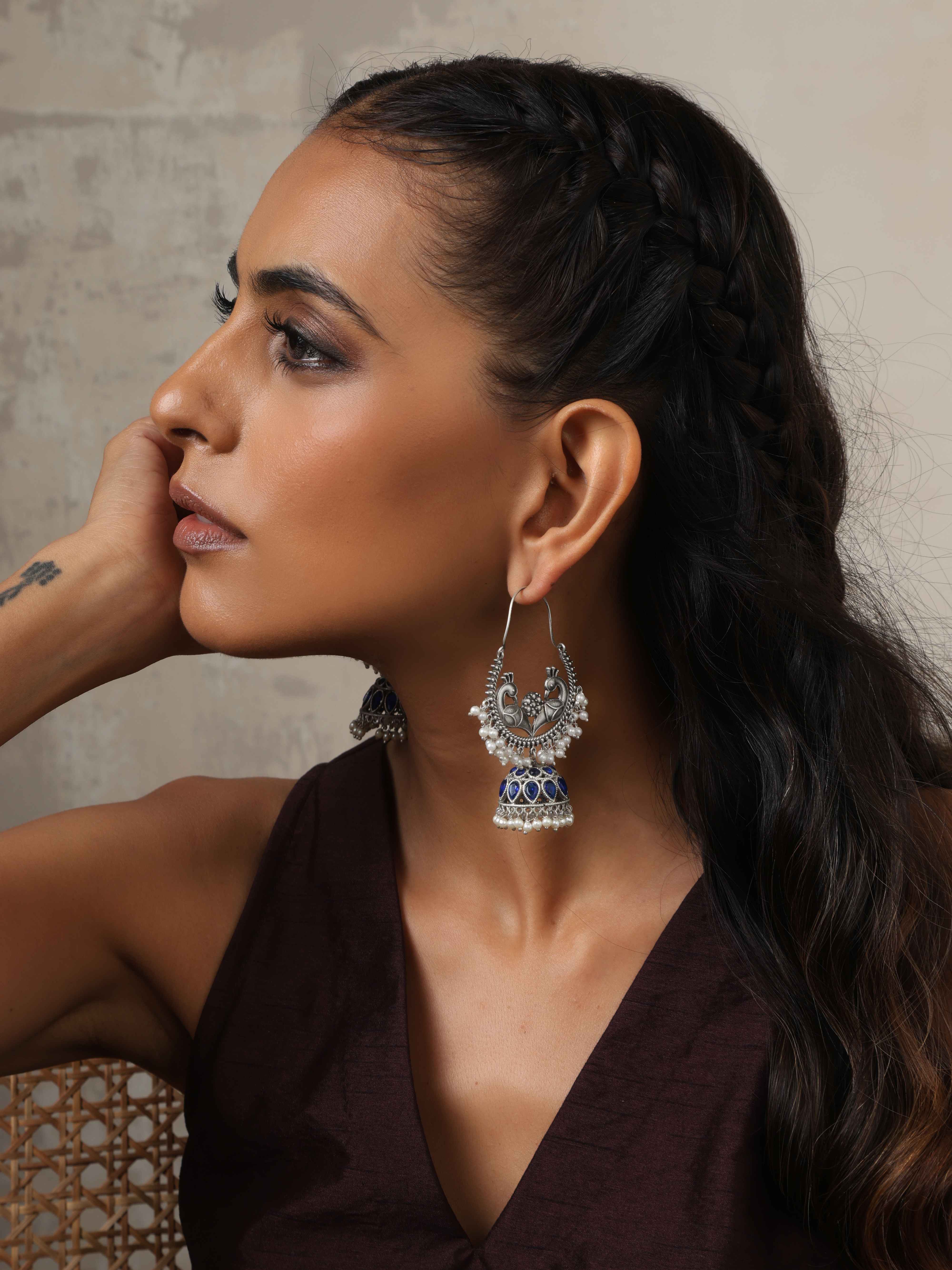 trueBrowns Silver Tone Peacock Jhumka Earrings - Distacart