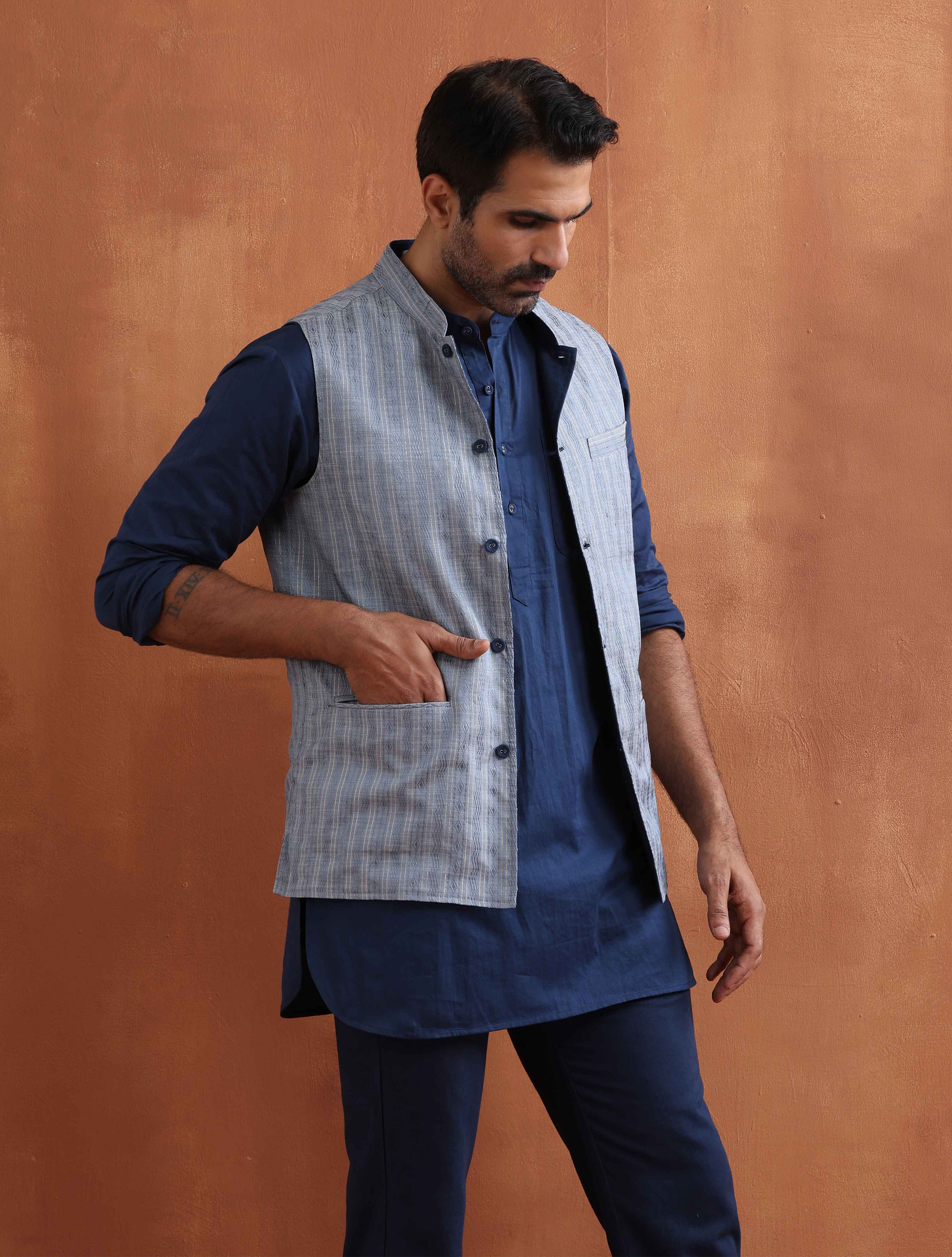 trueBrowns Men's Blue Chanderi Reversible Nehru Jacket - Distacart