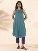 Thumbnail for trueBrowns Turquoise Cotton Dobby Sleeveless Kurta Pant Set - Distacart