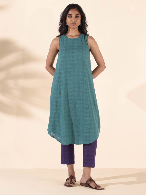 trueBrowns Turquoise Cotton Dobby Sleeveless Kurta Pant Set - Distacart