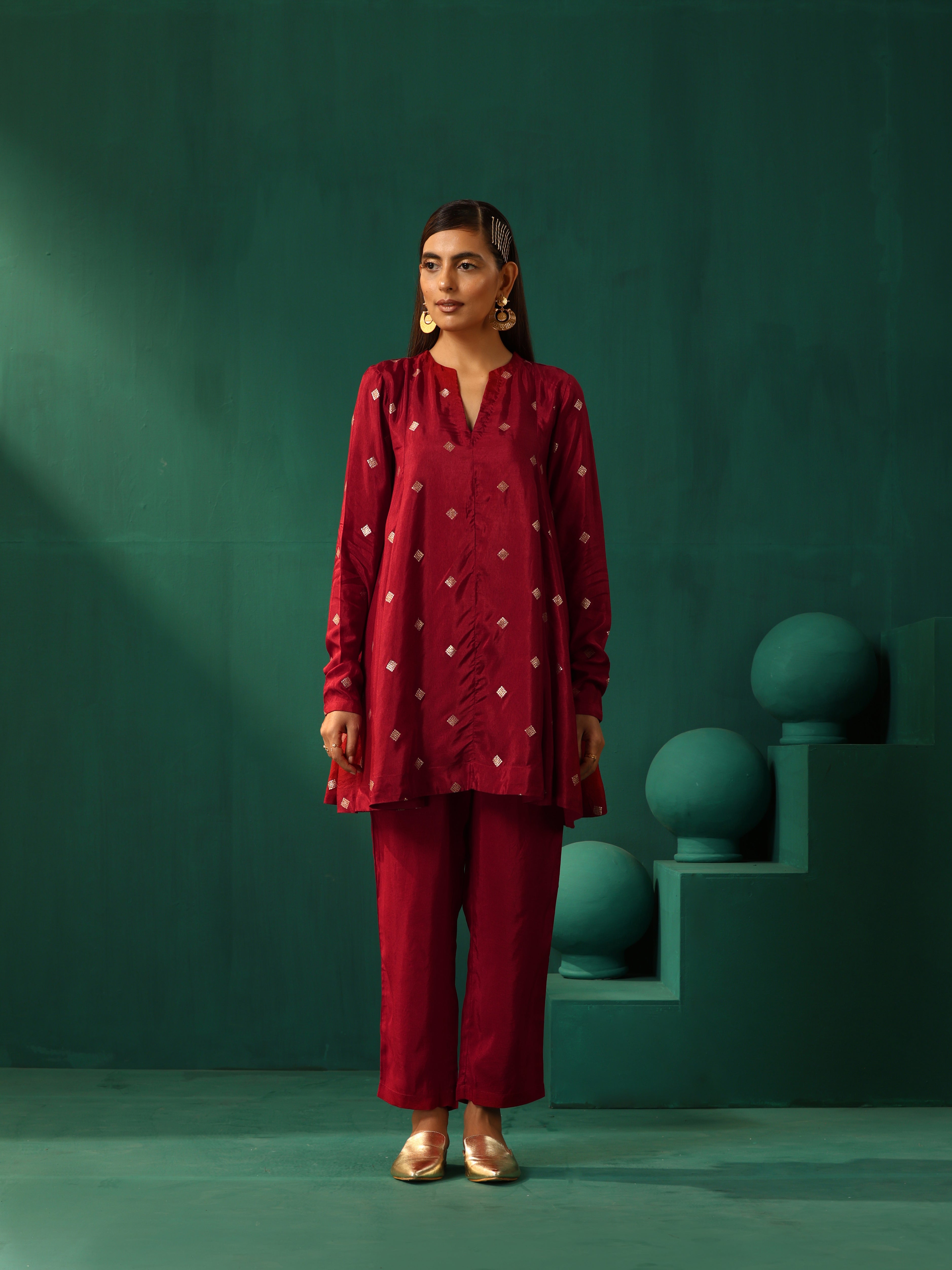 trueBrowns Maroon Diamond Viscose Silk Relaxed Co-ord Set - Distacart