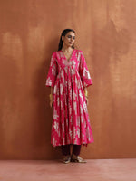 Thumbnail for trueBrowns Pink Metallic Flared Anarkali Kurta Set