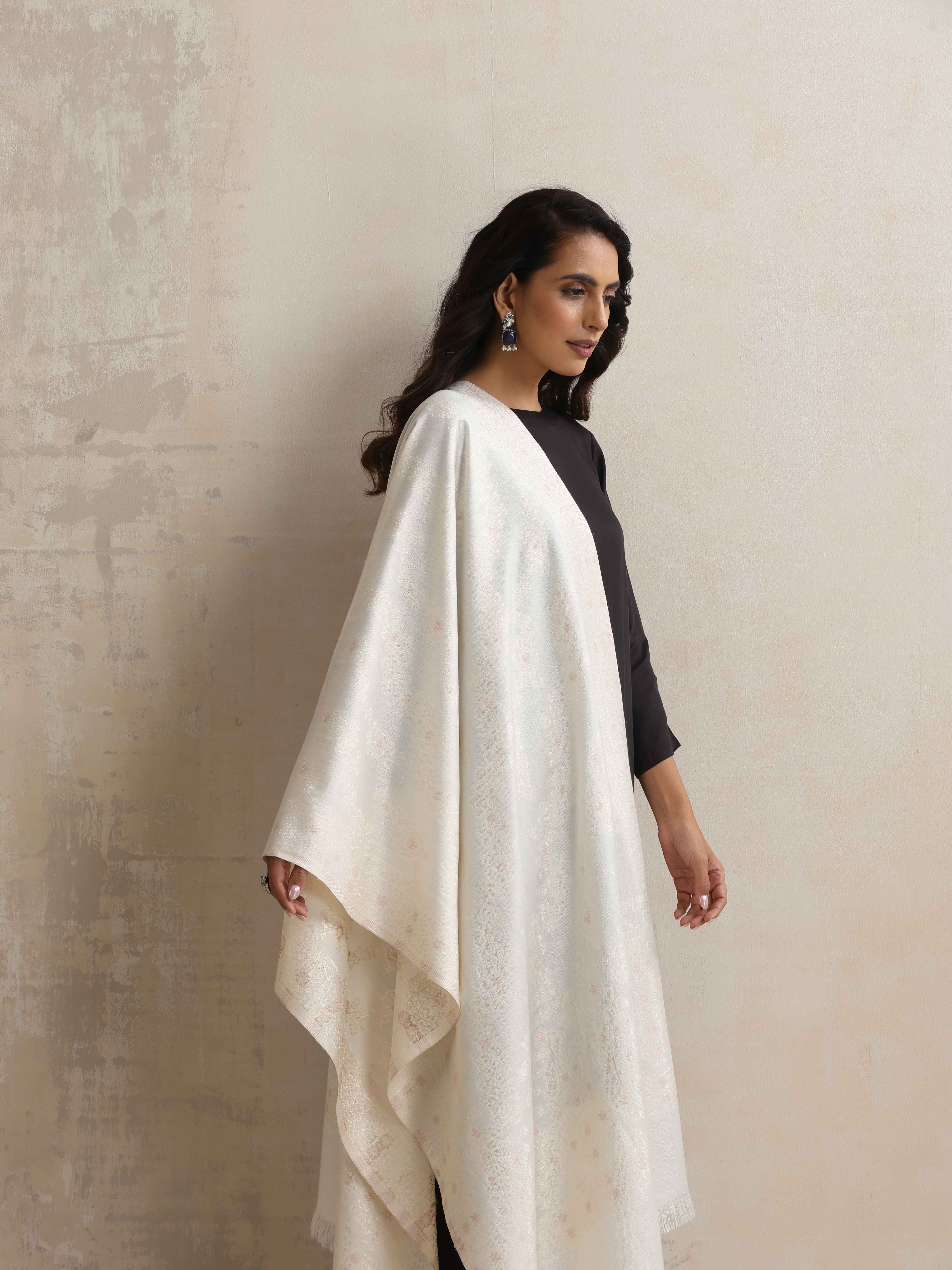 trueBrowns Ivory Gold Woollen Stole - Distacart