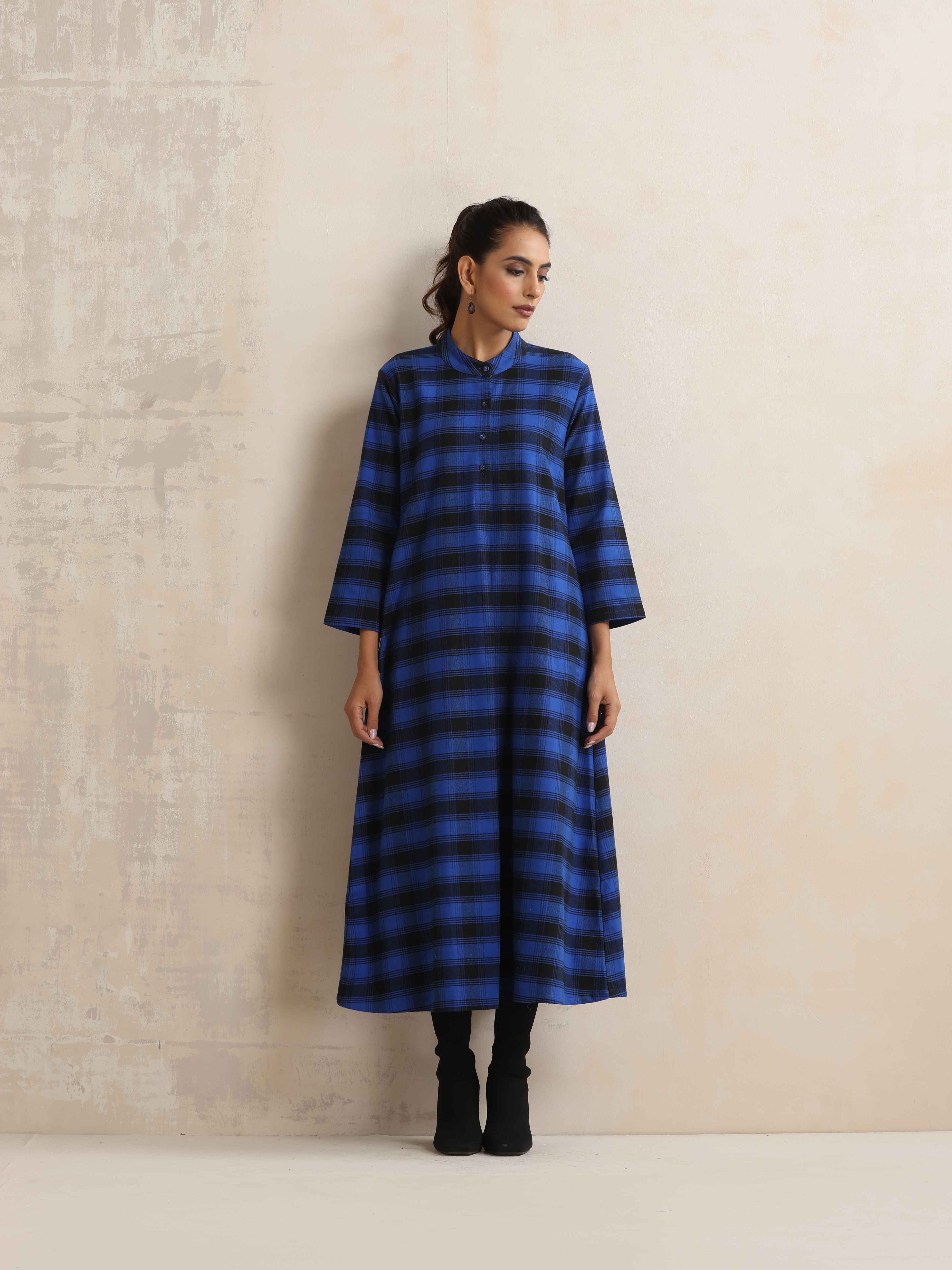 trueBrowns Blue Check Flared Winter Dress - Distacart