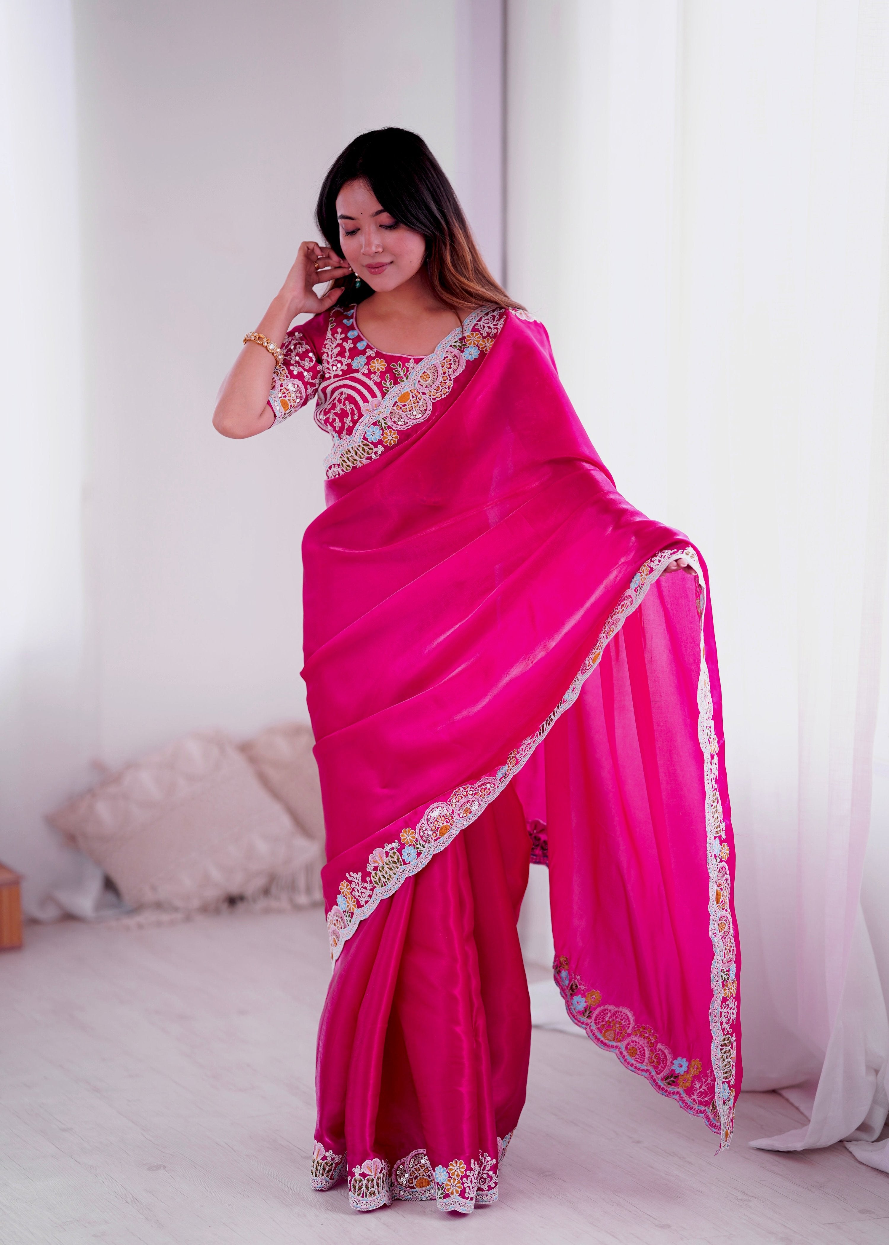 Lorenvalley Fashion Magenta Jimmy Choo with Embroidery Threads Codding & Sequins Work Saree with Blouse