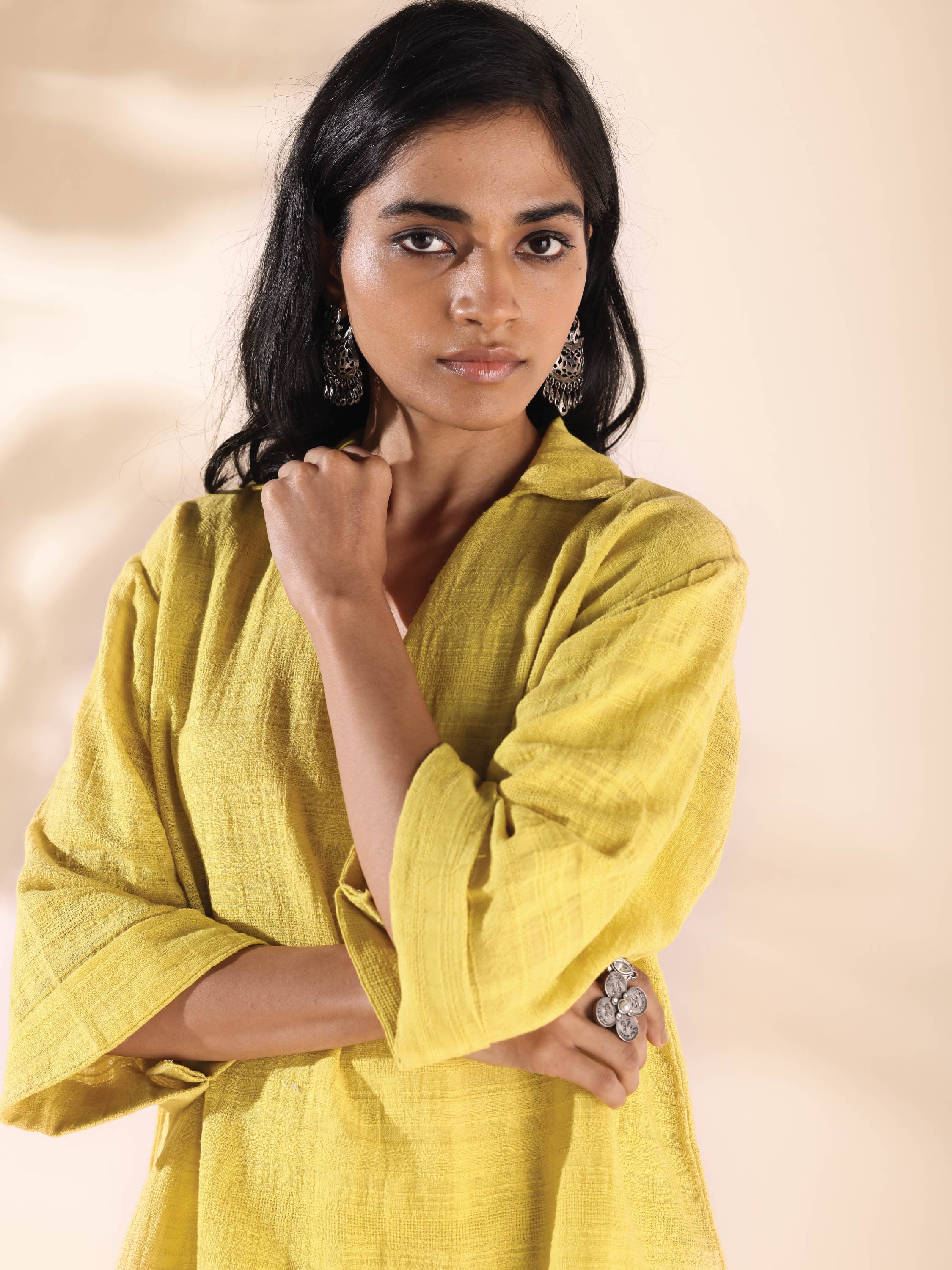 trueBrowns Lime Cotton Dobby V-Neck Co-ord Set - Distacart