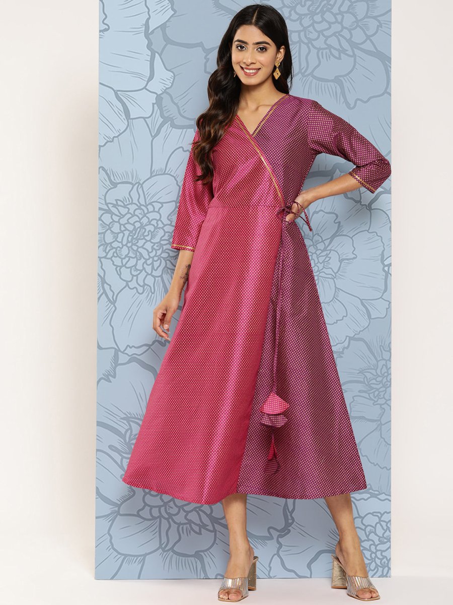 Ahalyaa Colourblocked Printed Wrap Ethnic Dress - Distacart
