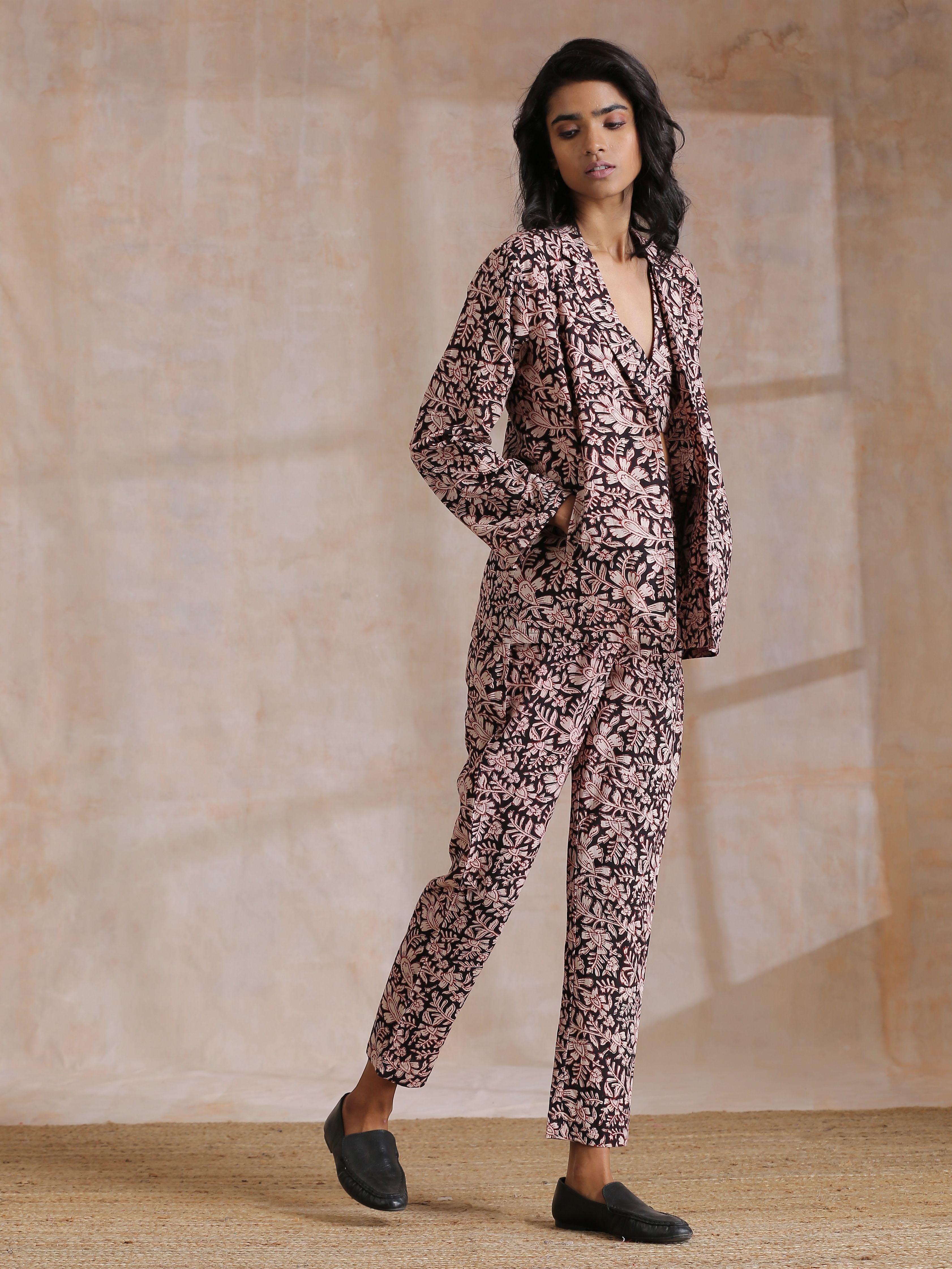 trueBrowns Black Floral Overall Bagru Print Cotton Pant Suit Set - Distacart