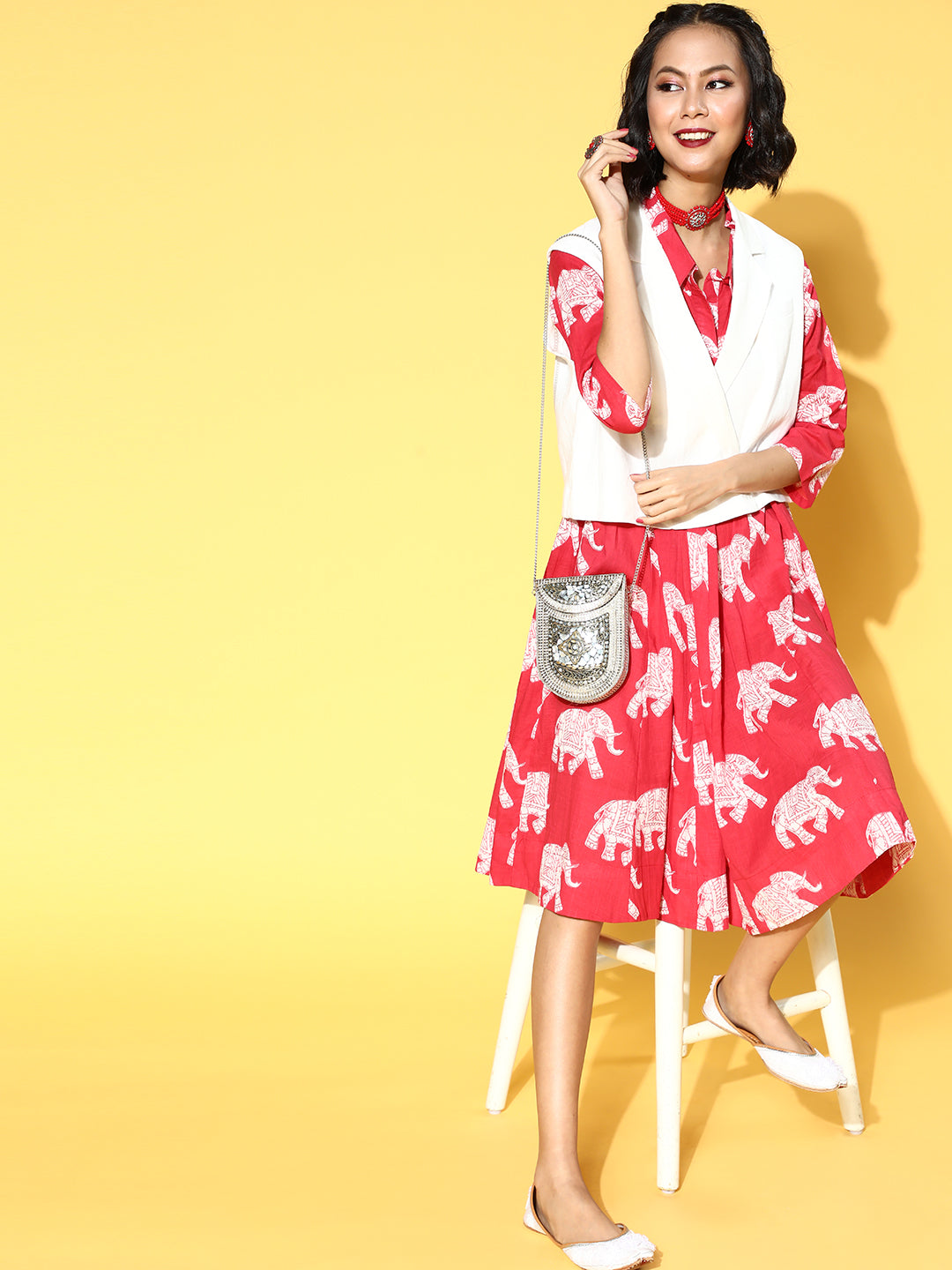 InWeave Red Elephant Flared Dress - Distacart