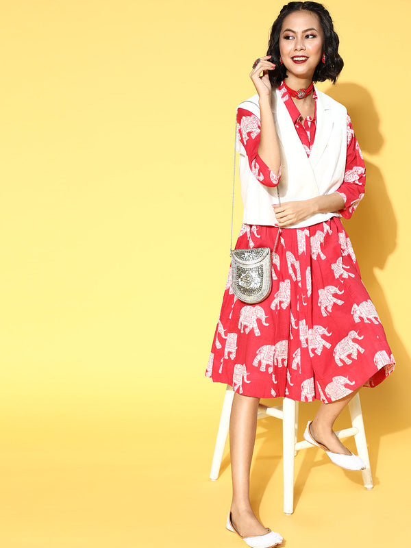 InWeave Red Elephant Flared Dress