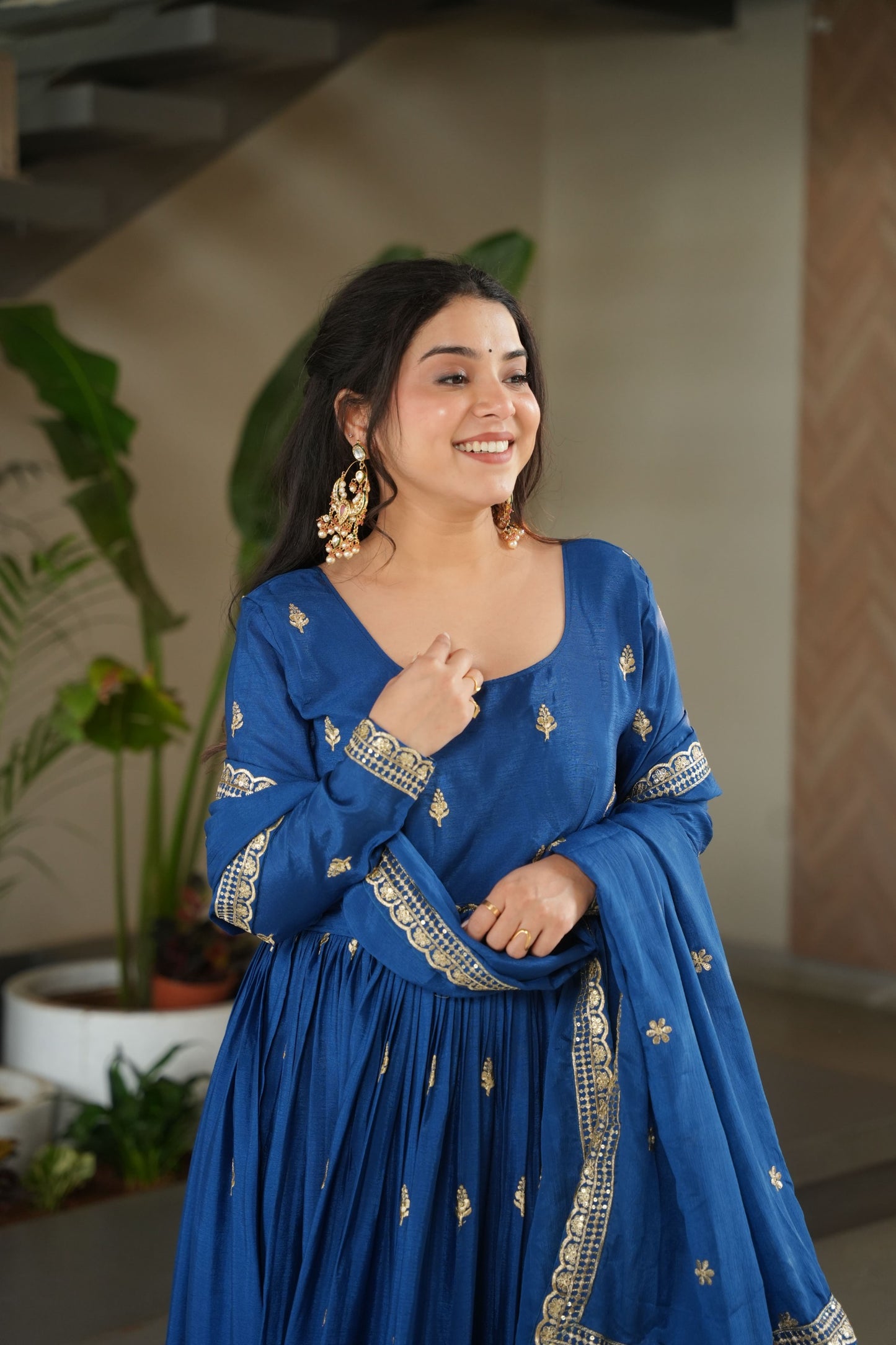 Anaita D Blue Chinon Readymade Anarkali Suit with Zari & Sequence Work - Dista