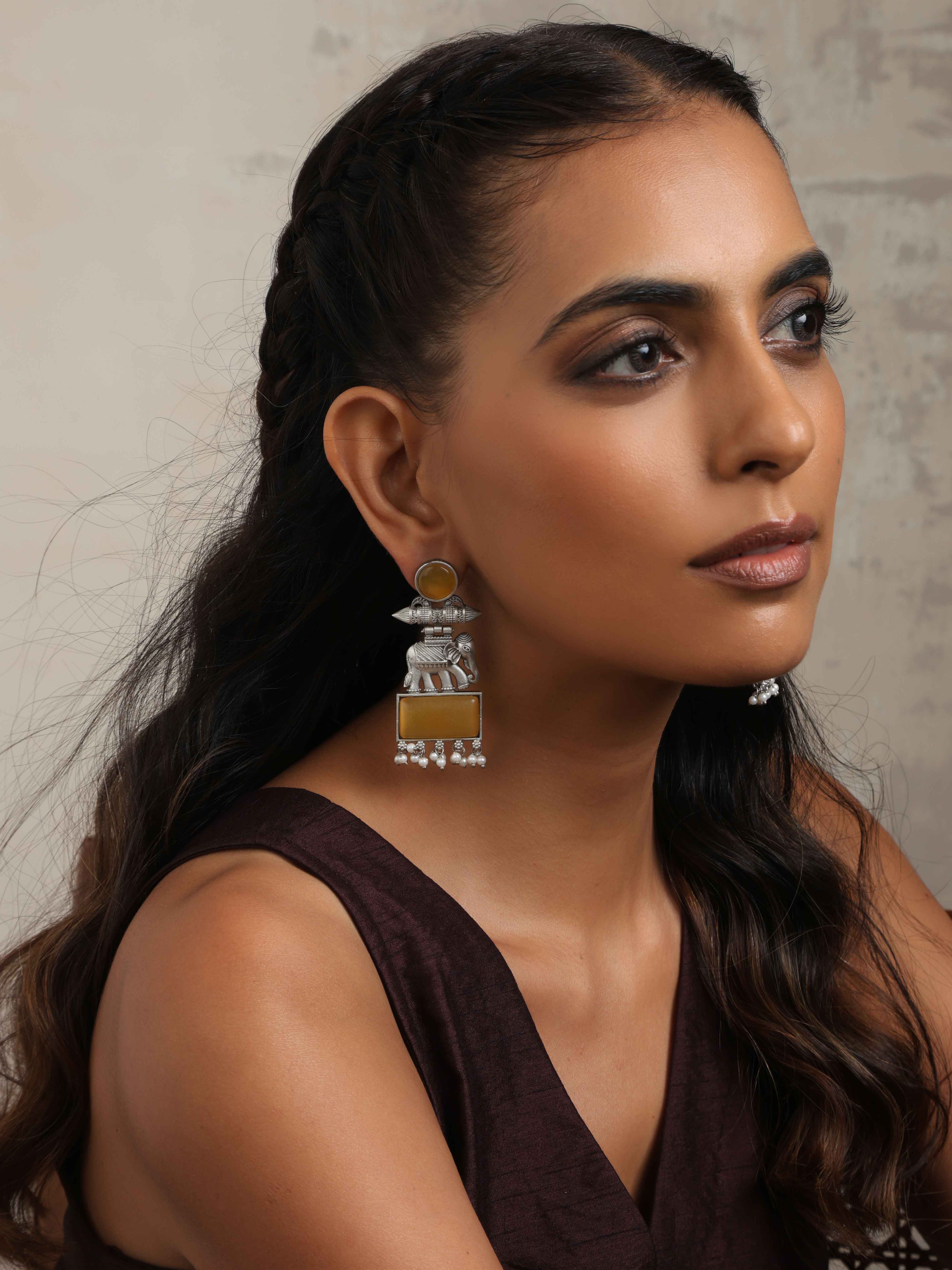 trueBrowns Silver Tone Yellow Stone Earrings - Distacart