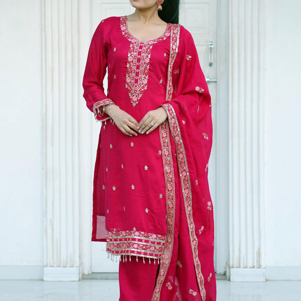 Yash Enterprise Pink Vichitra Silk Party Wear Embroidery Suit Set