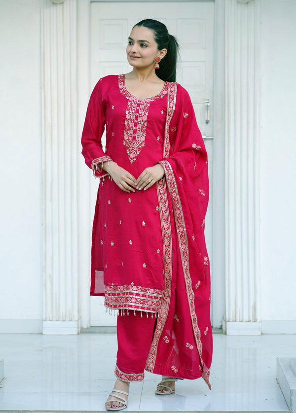 Yash Enterprise Pink Vichitra Silk Party Wear Embroidery Suit Set