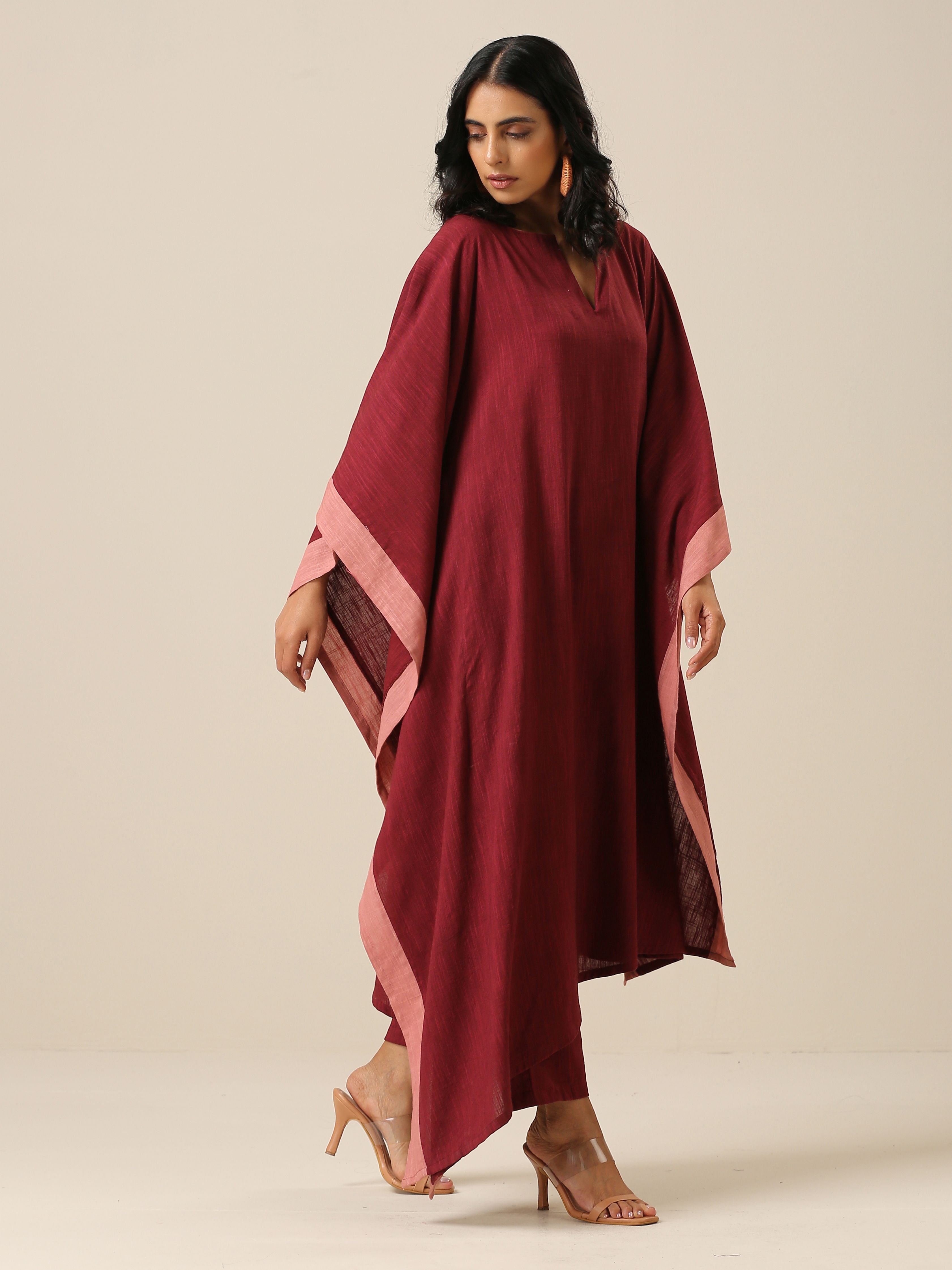 trueBrowns Ruby Wine Slub Texture High Low Kaftan Pant Set - Distacart