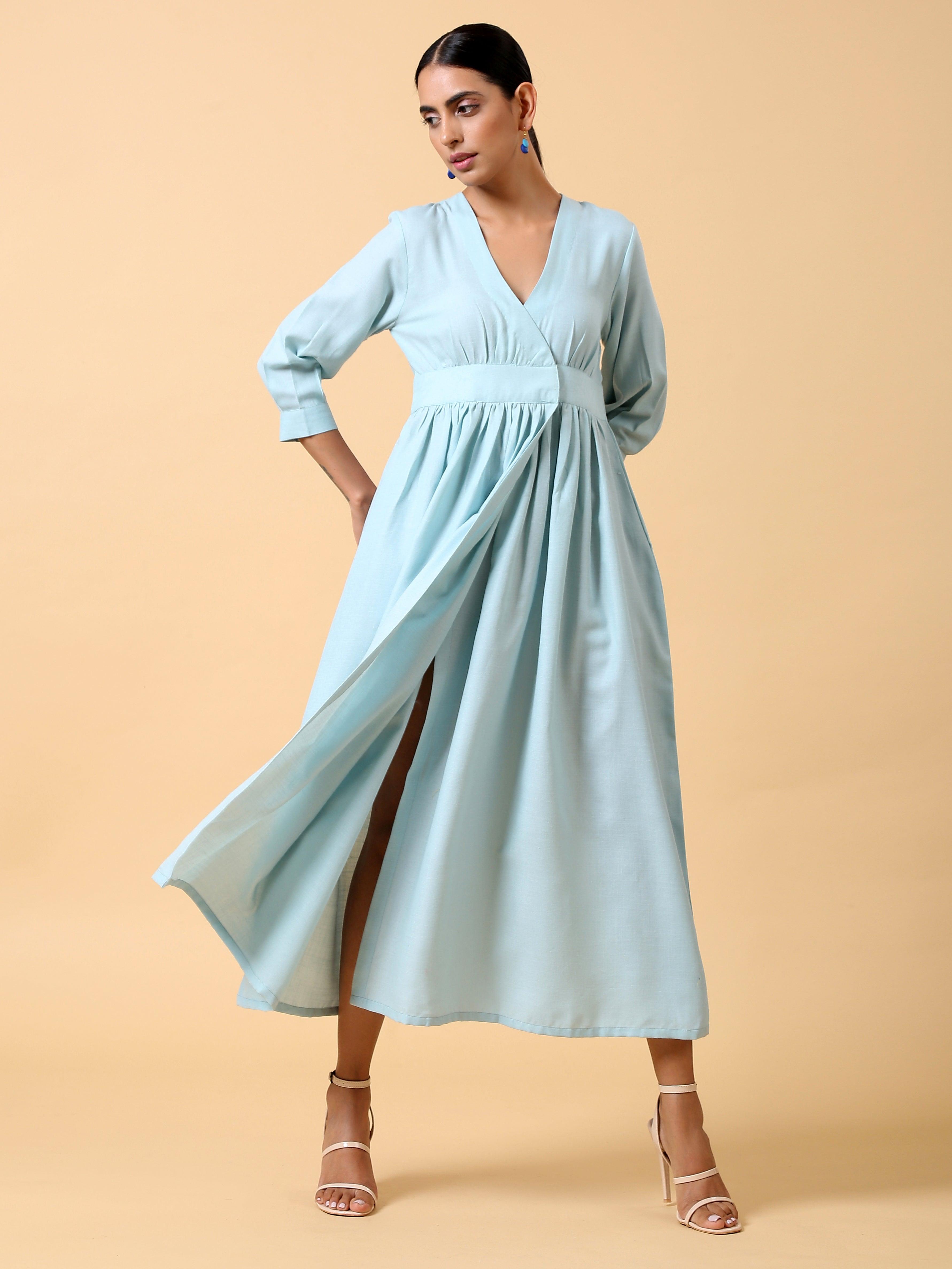 trueBrowns Cotton Linen Light Blue Wrap Dress - Distacart