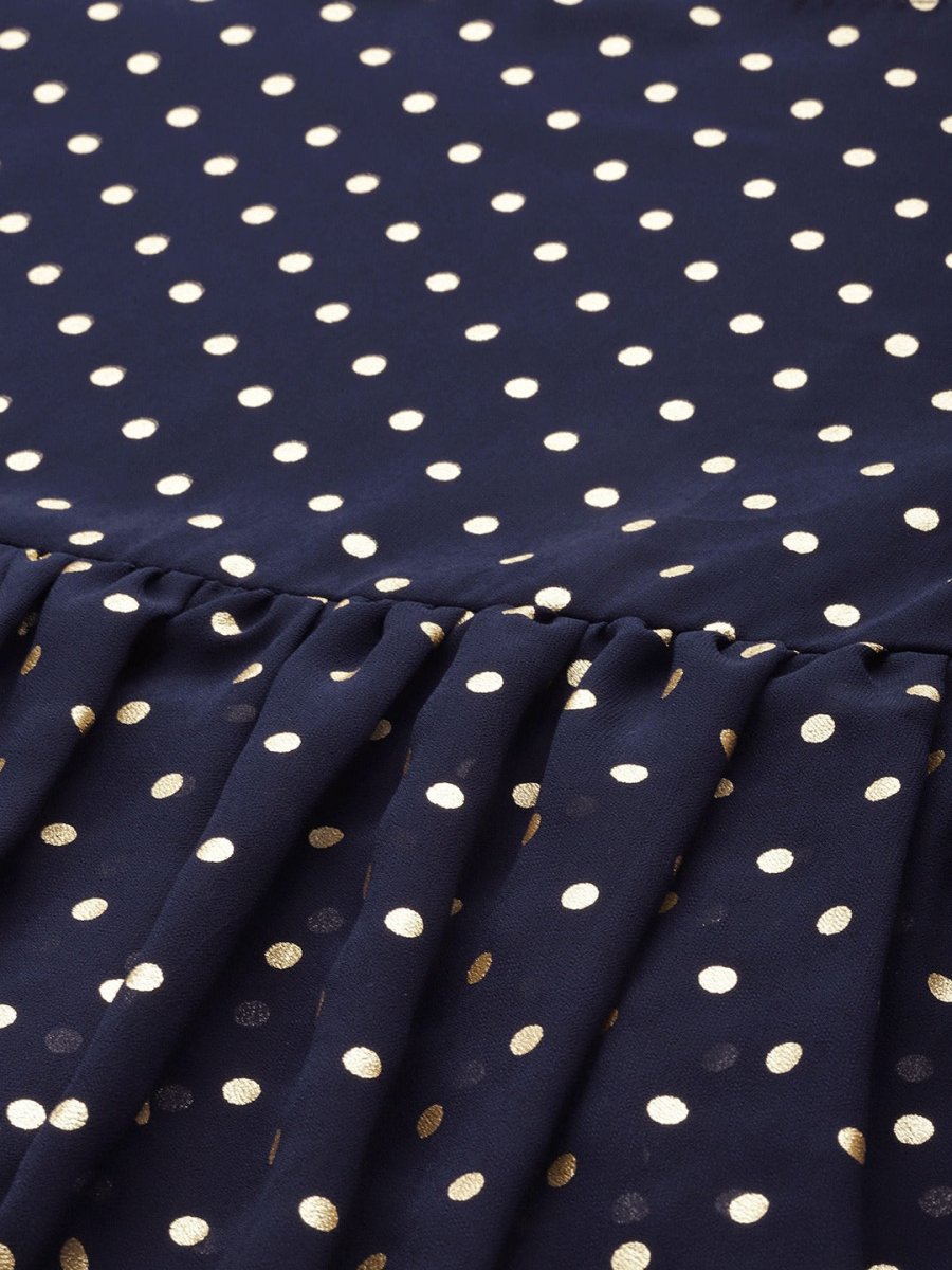 Ahalyaa Women Navy Blue & Golden Polka Dots Print Tiered Beautiful Tunic