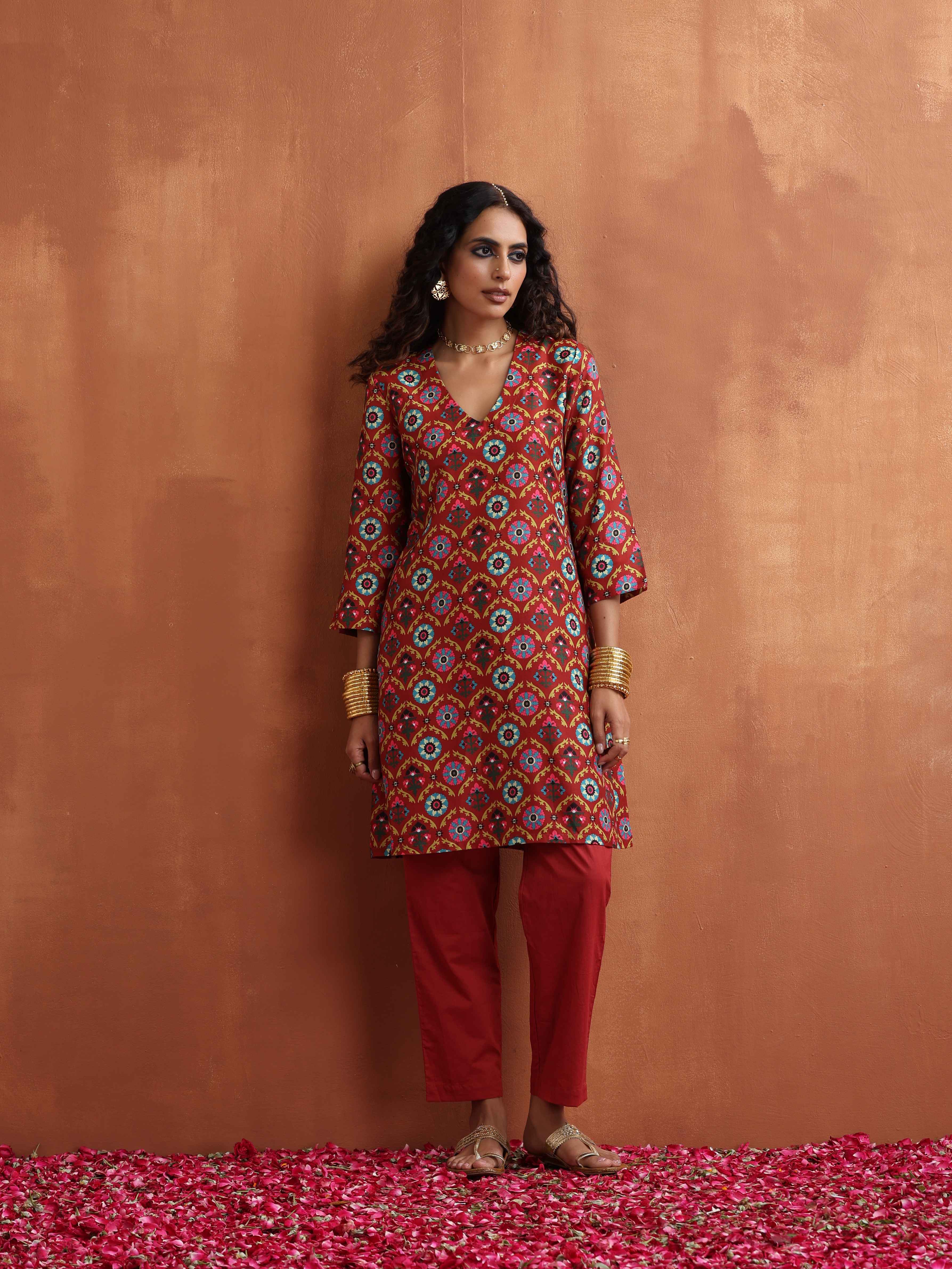 trueBrowns Rust Print Kurta Co-ord Set - Distacart