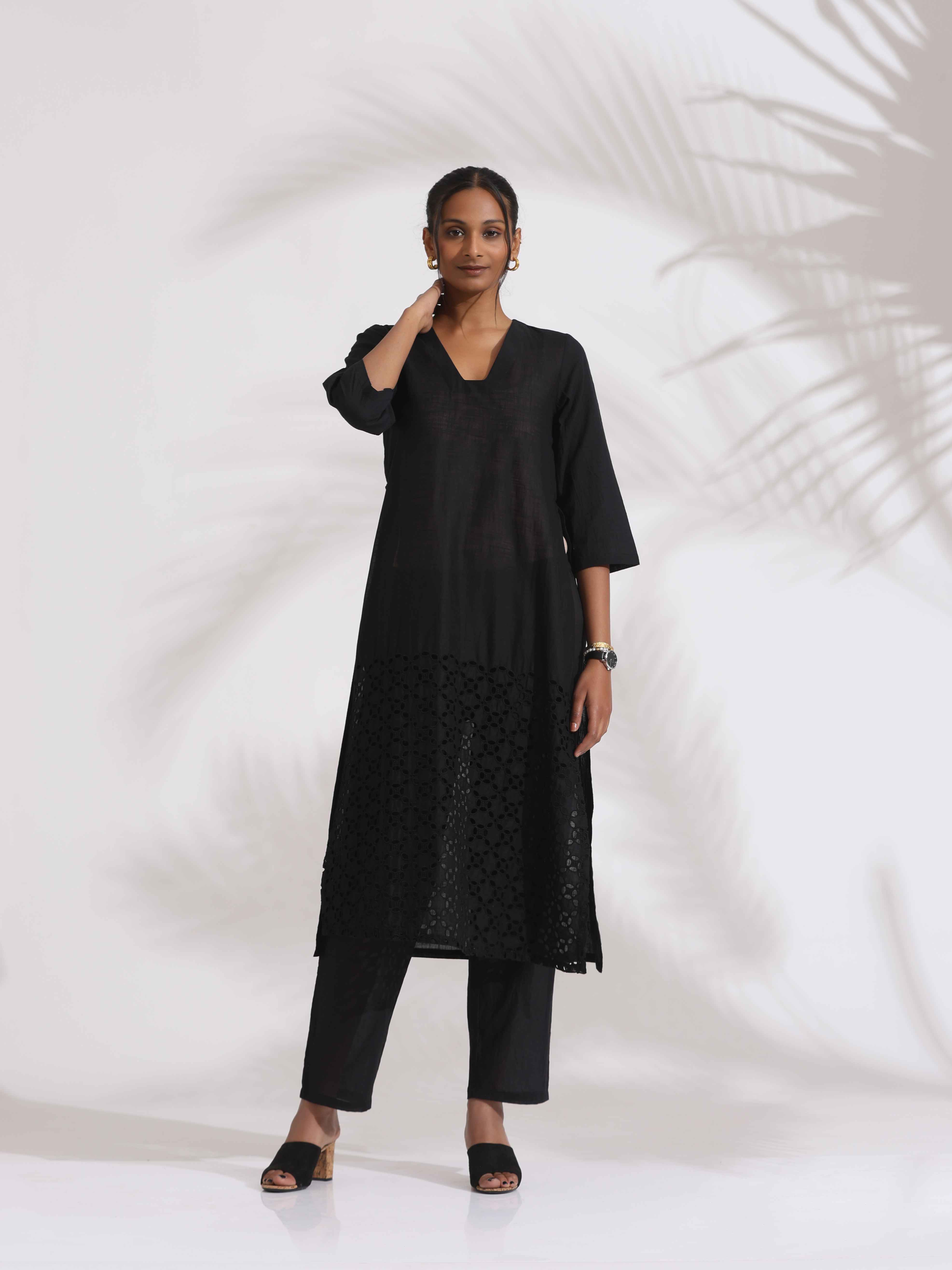 trueBrowns Black Cotton Schiffli Kurta Set - Distacart