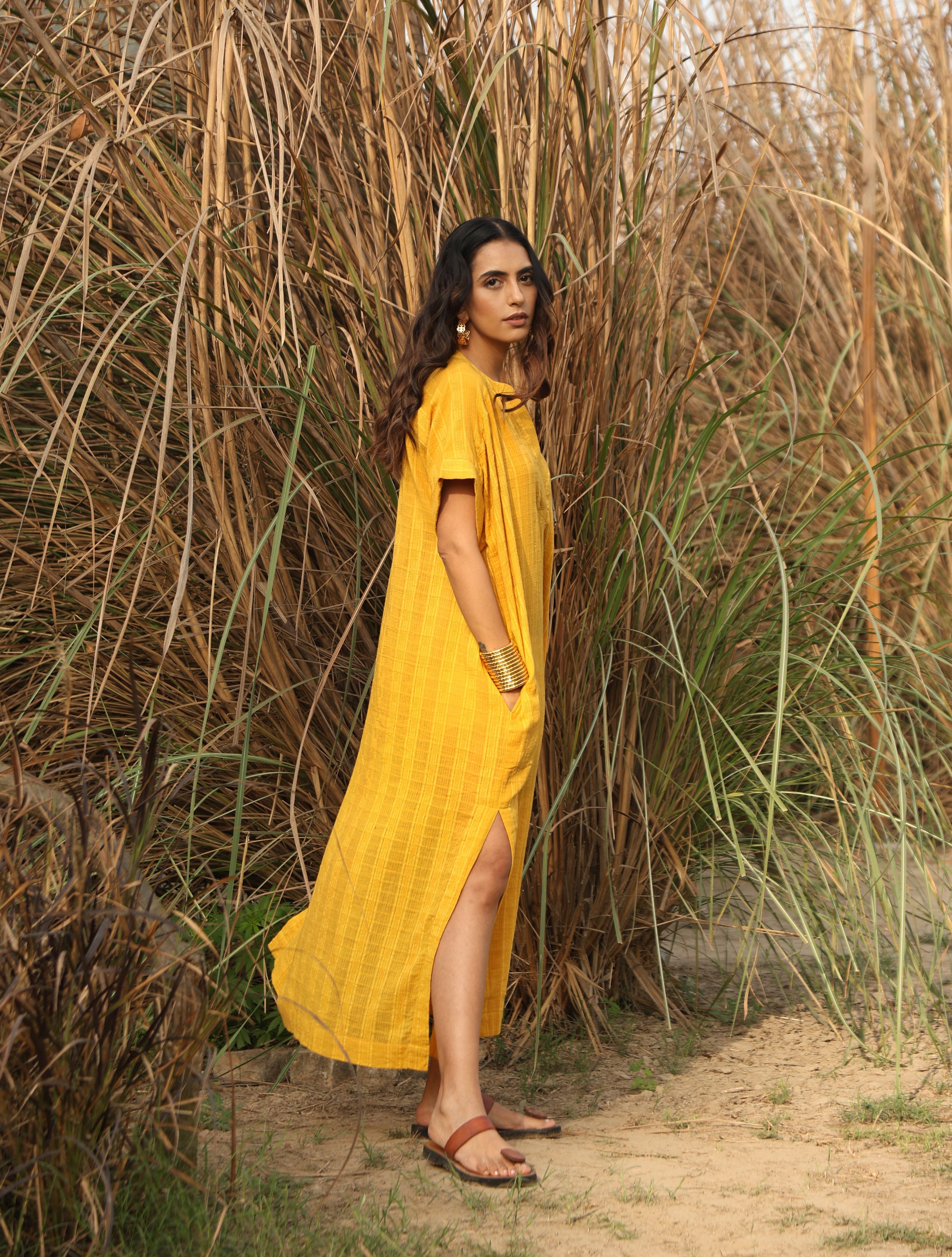 trueBrowns Mustard Cotton Dobby Oversized Dress - Distacart