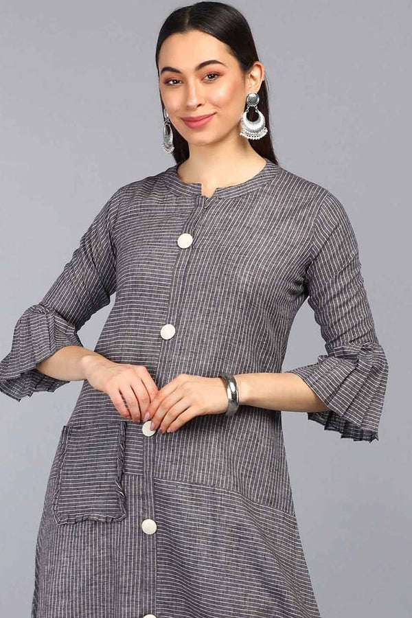 Ahika Women Charcoal Grey & White Striped A Line Kurta - Distacart