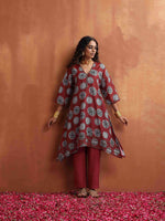 Thumbnail for trueBrowns Maroon Print A-line Kurta Co-ord Set
