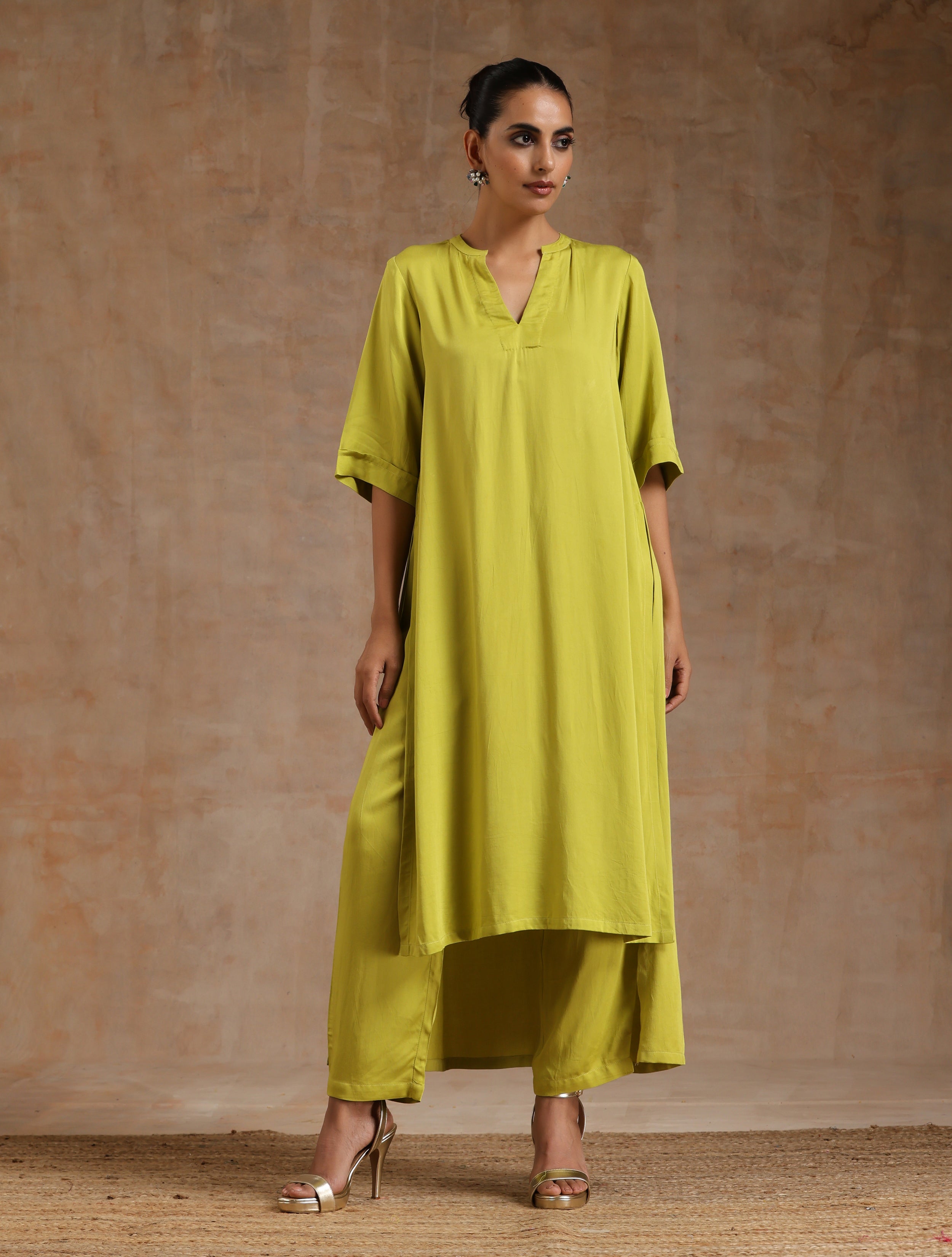 trueBrowns Lime Modal Satin High-Low Relax Kurta Set - Distacart