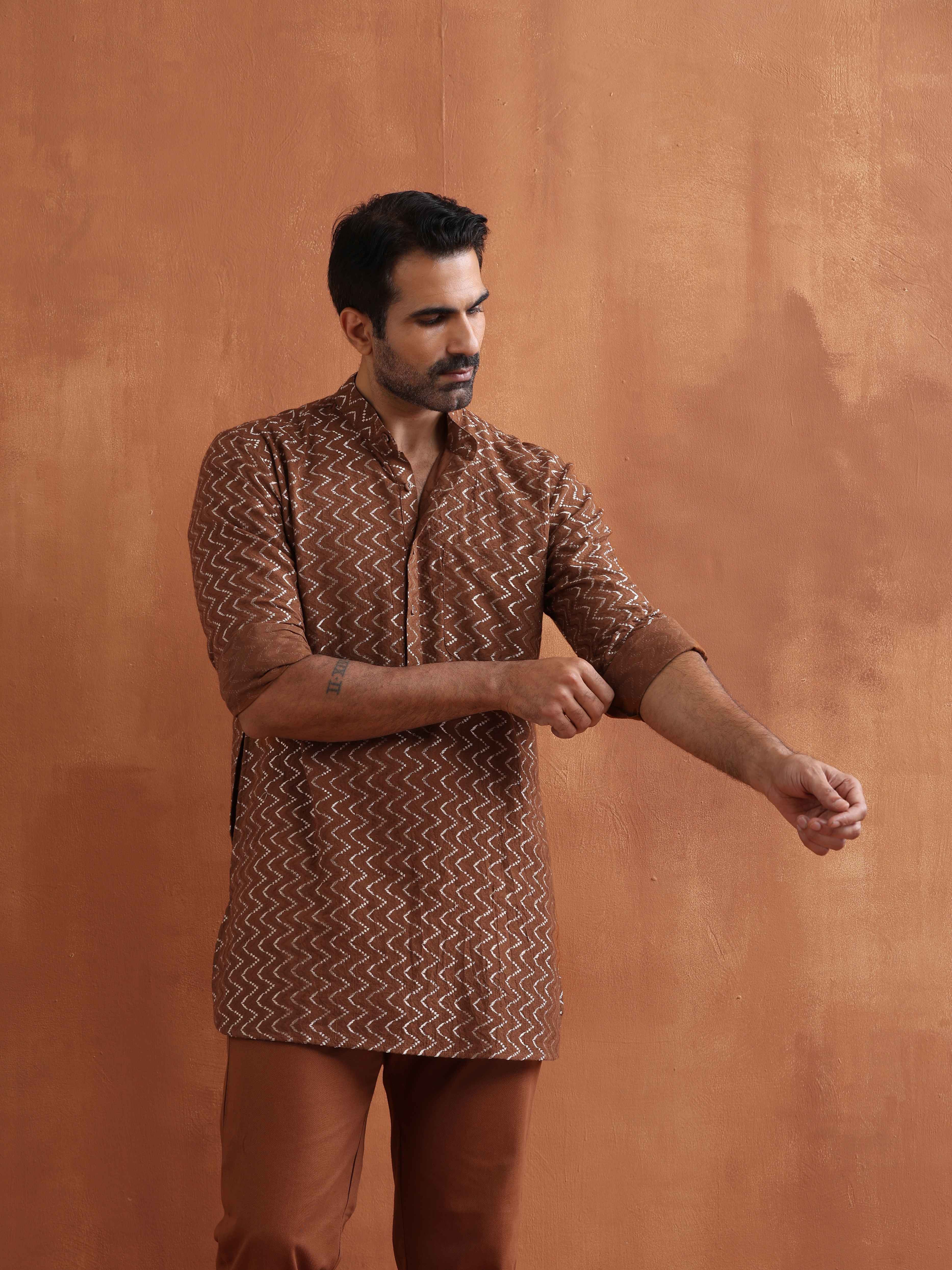 trueBrowns Men's Brown Cotton Dobby Short Kurta - Distacart