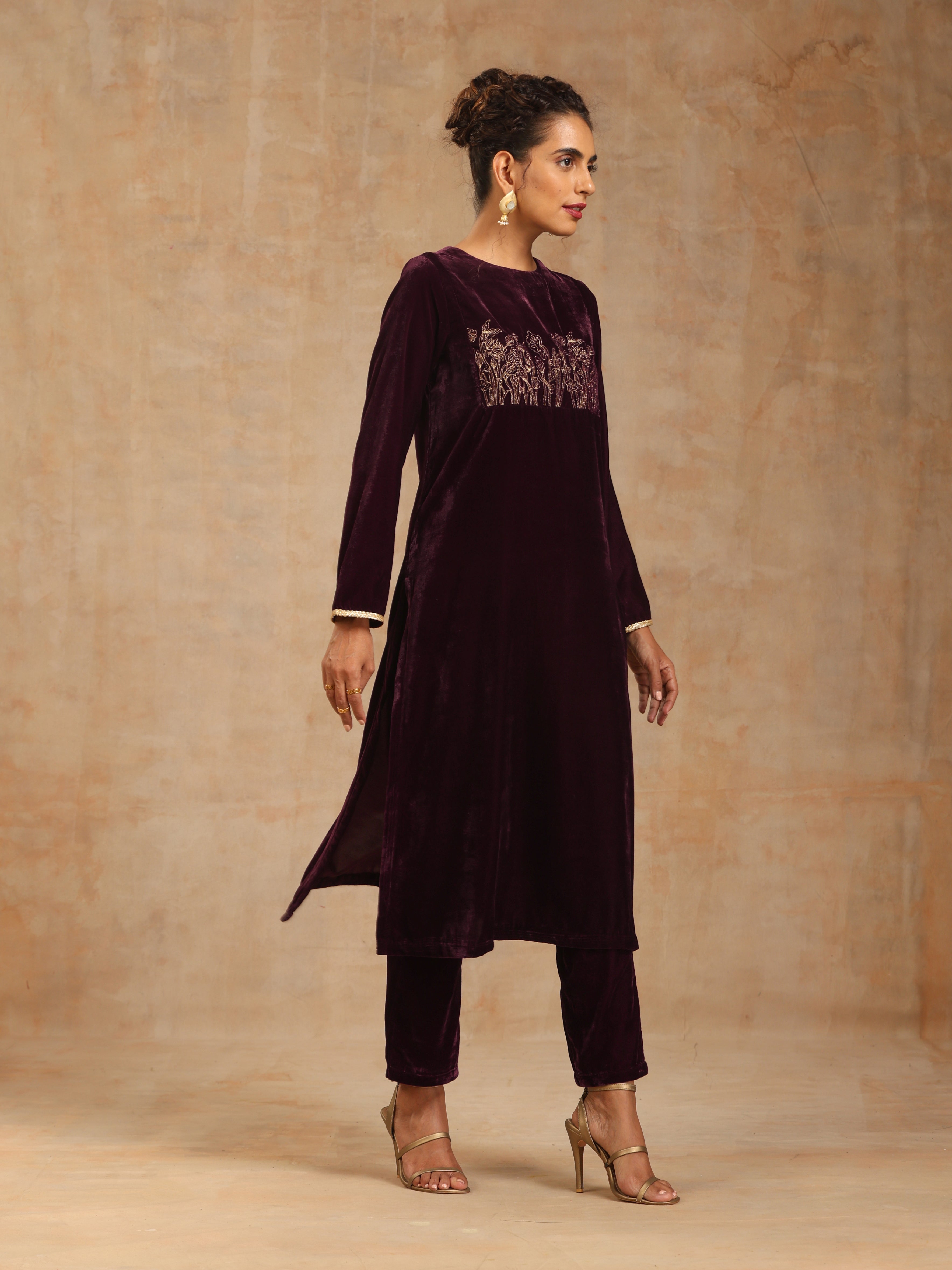 trueBrowns Wine Velvet Yoke Embroidered Kurta - Distacart