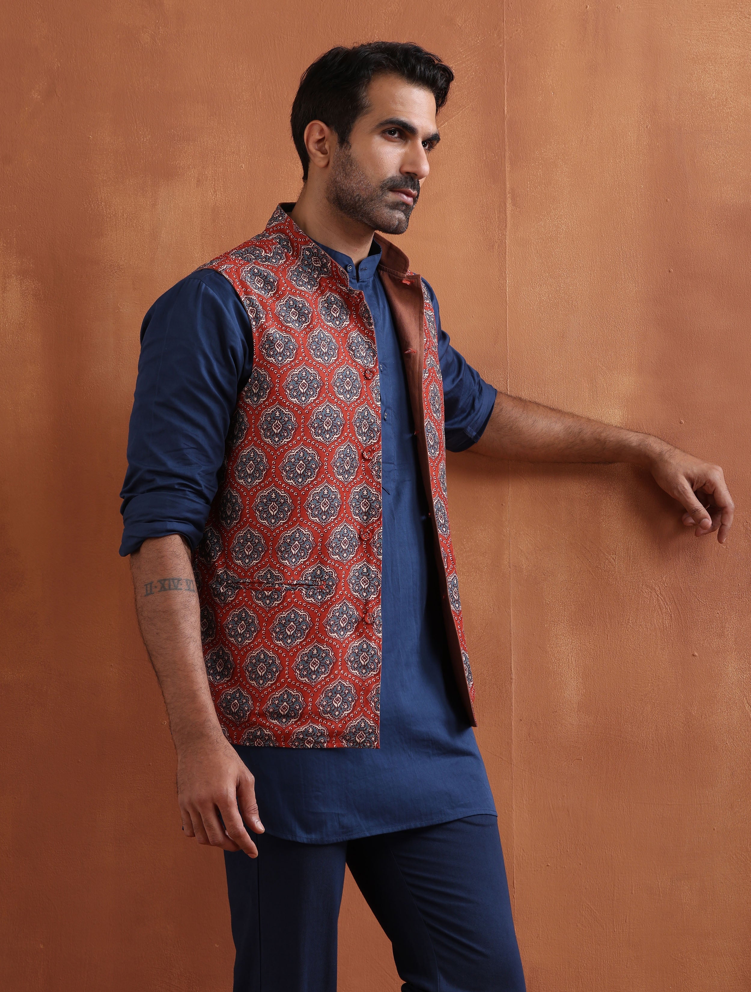 trueBrowns Men's Rust Printed Reversible Nehru Jacket - Distacart