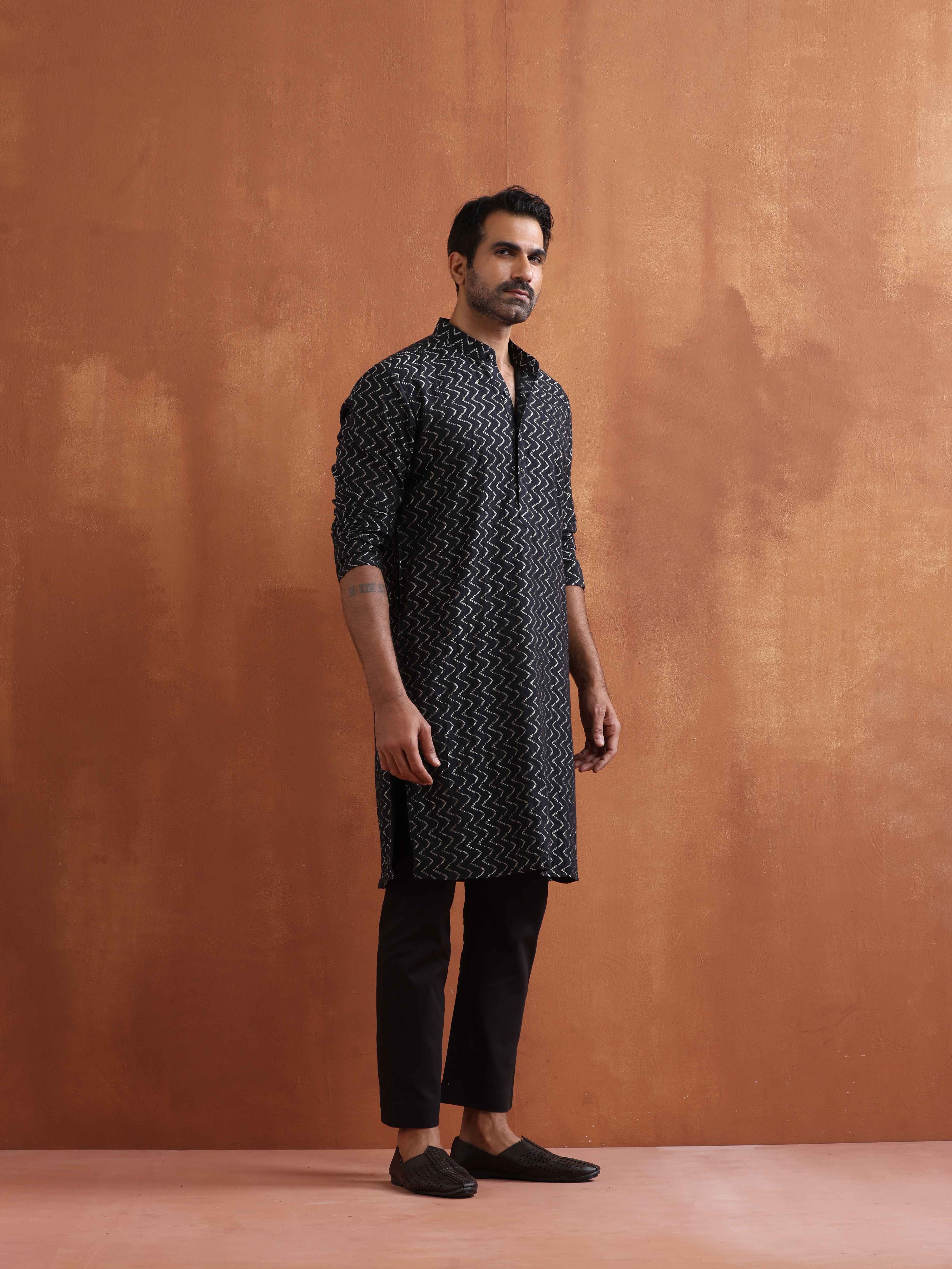 trueBrowns Men's Black Cotton Dobby Kurta - Distacart