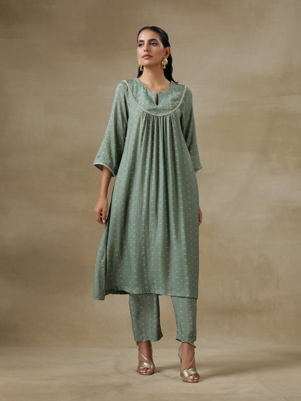 trueBrowns Light Green Bandhani Printed Silk Yoke Kurta Pant Set - Distacart