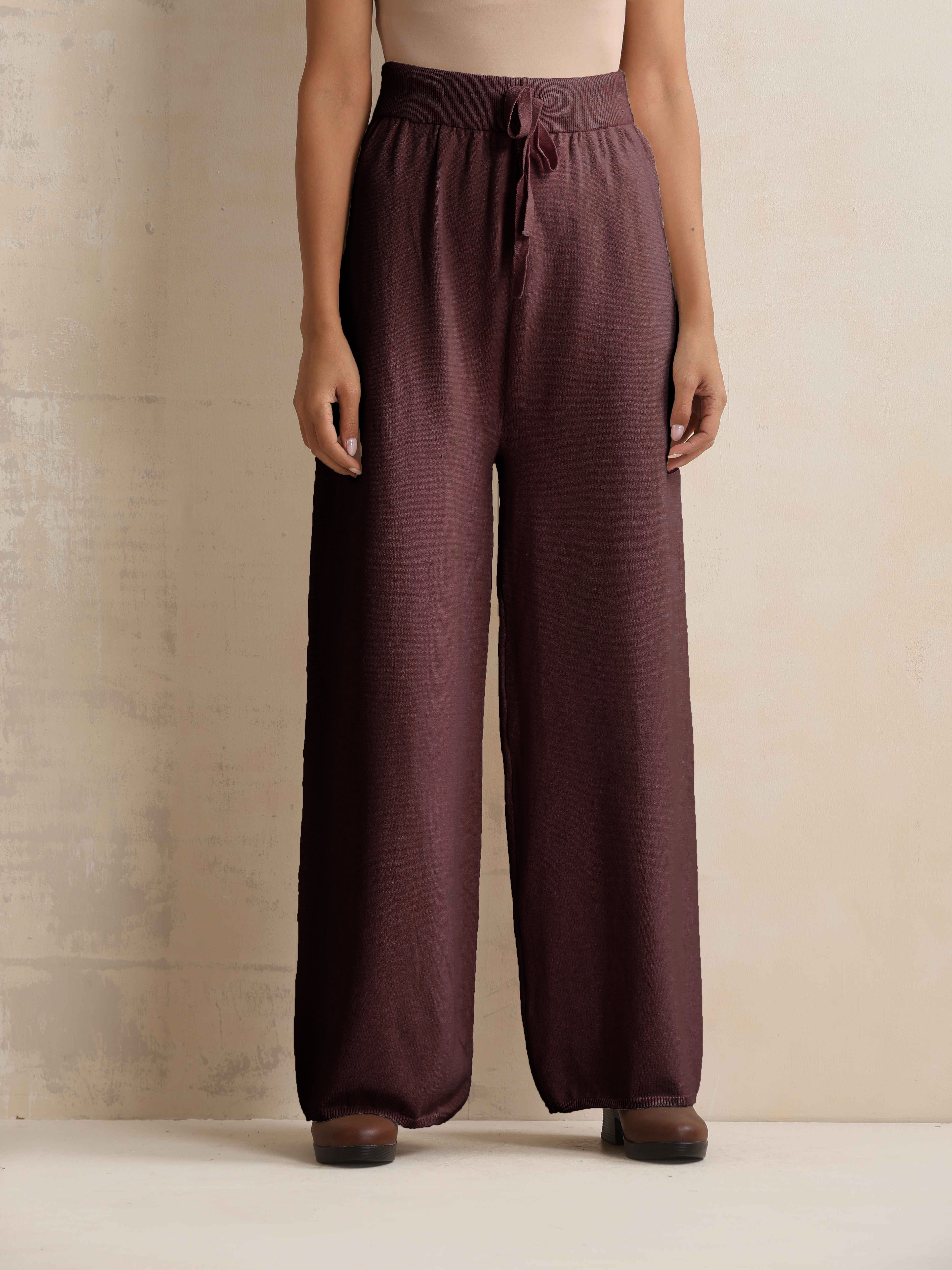 trueBrowns Brown Woollen Flared Pants - Distacart