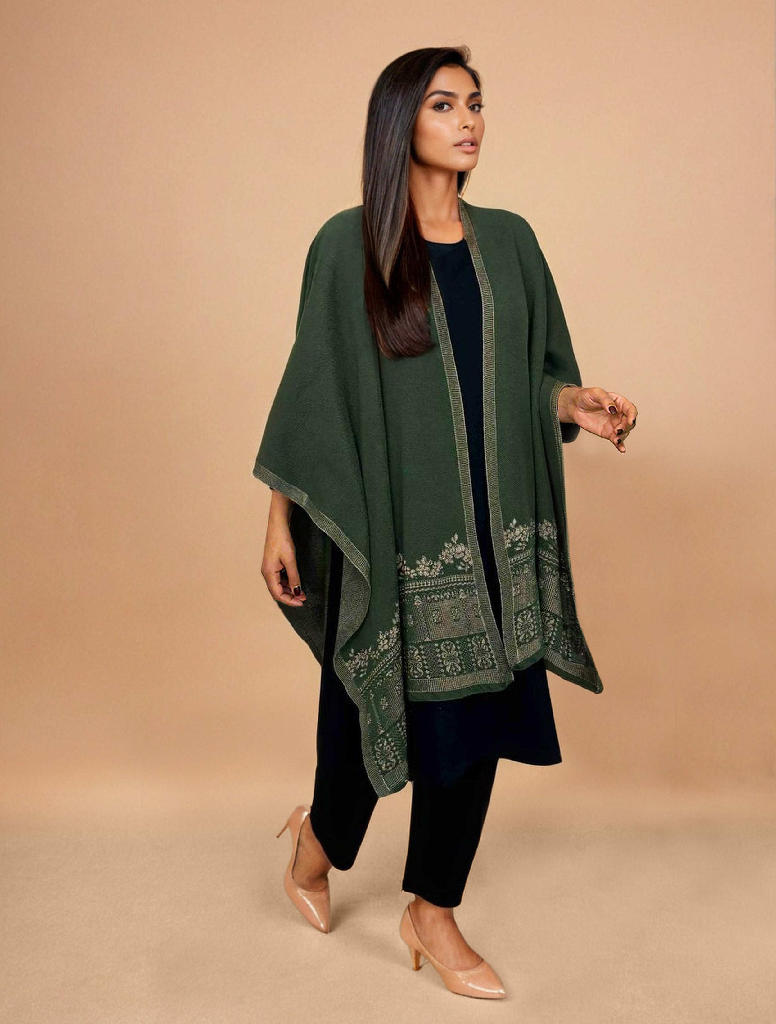 trueBrowns Green Woollen Kaftan Cape - Distacart