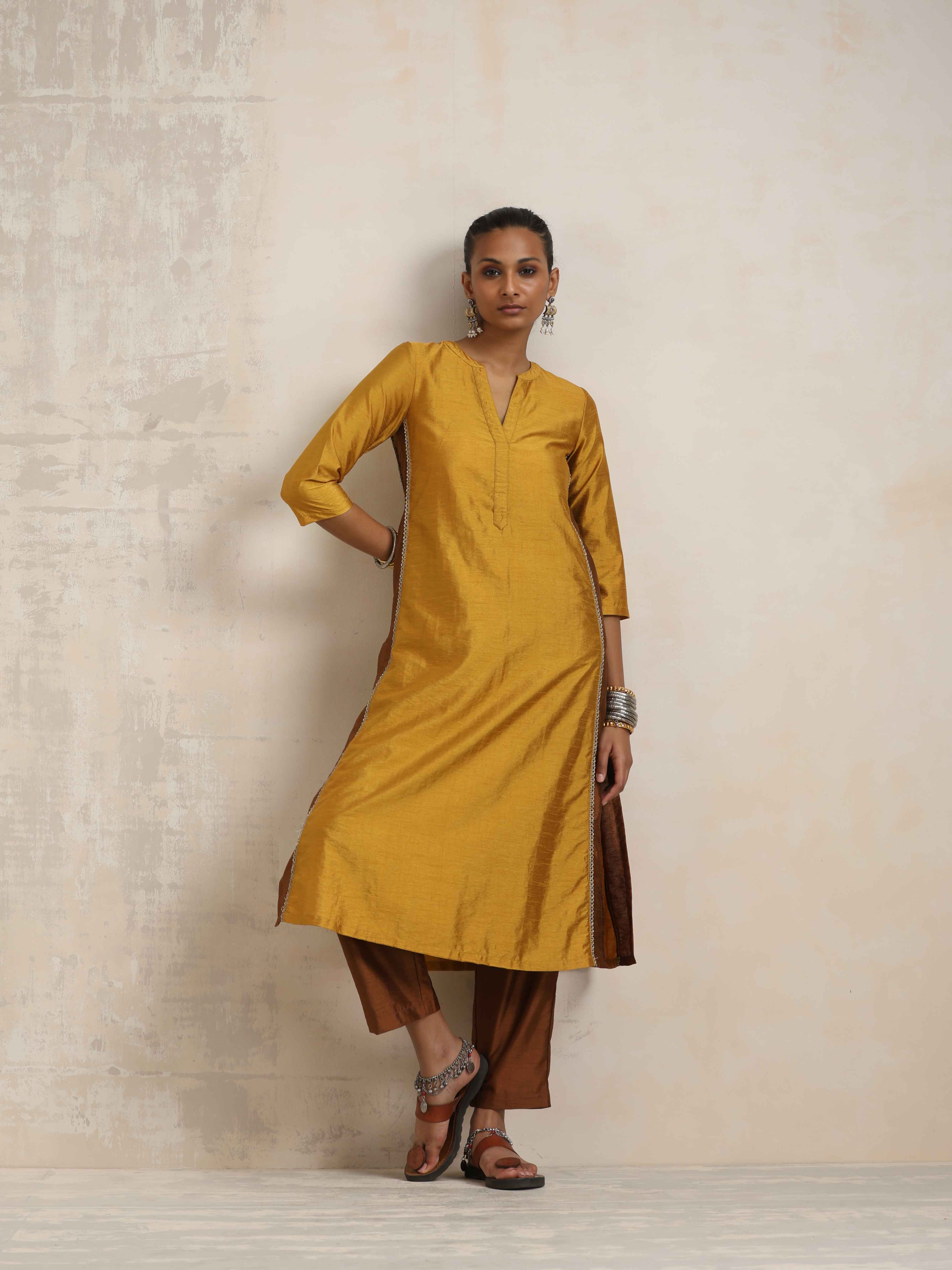 trueBrowns Gold Silk Kurta Set - Distacart