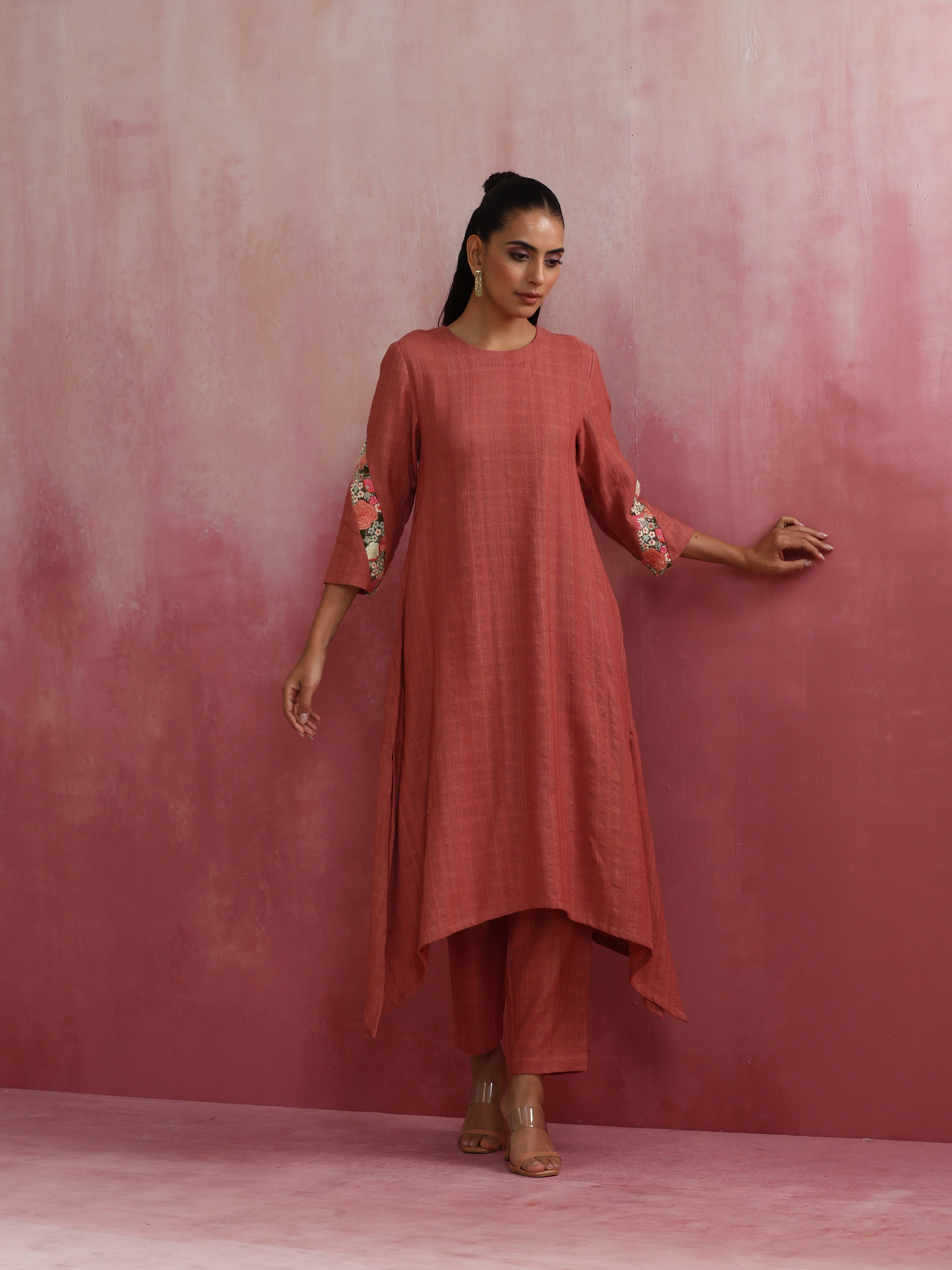 trueBrowns Peach Cotton Dobby Kurta Set - Distacart