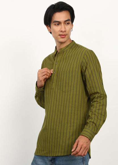 Fabmade Olive Stripe Linen Kurta - Distacart