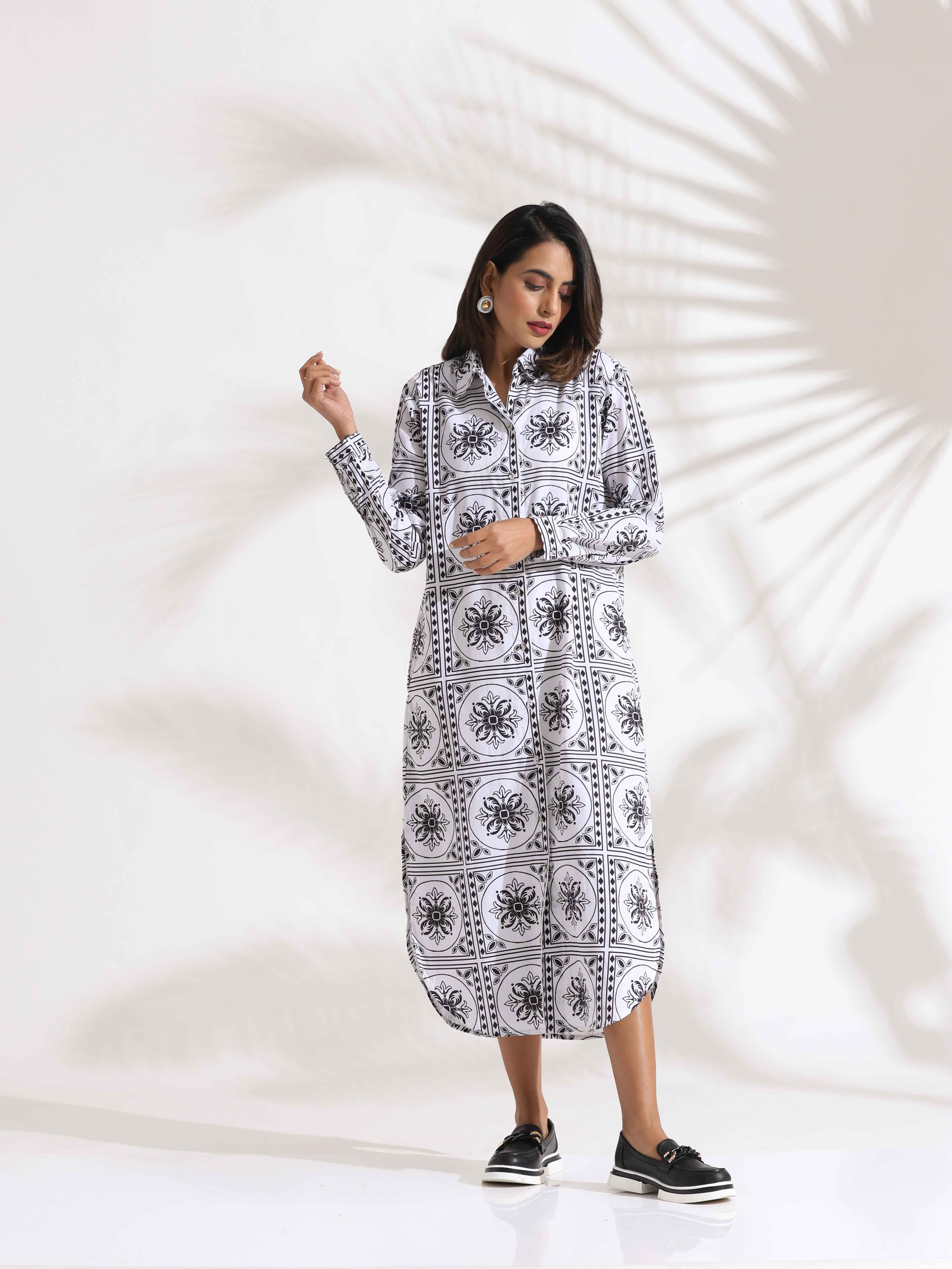 trueBrowns White Cotton Print Shirt Dress - Distacart