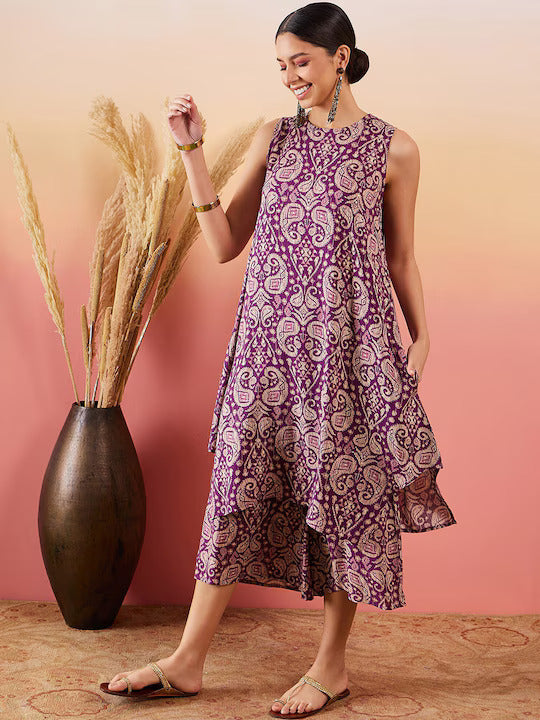 InWeave Dusty Mauve Paisley Round Neck Kurta Short Palazzo Set - Distacart