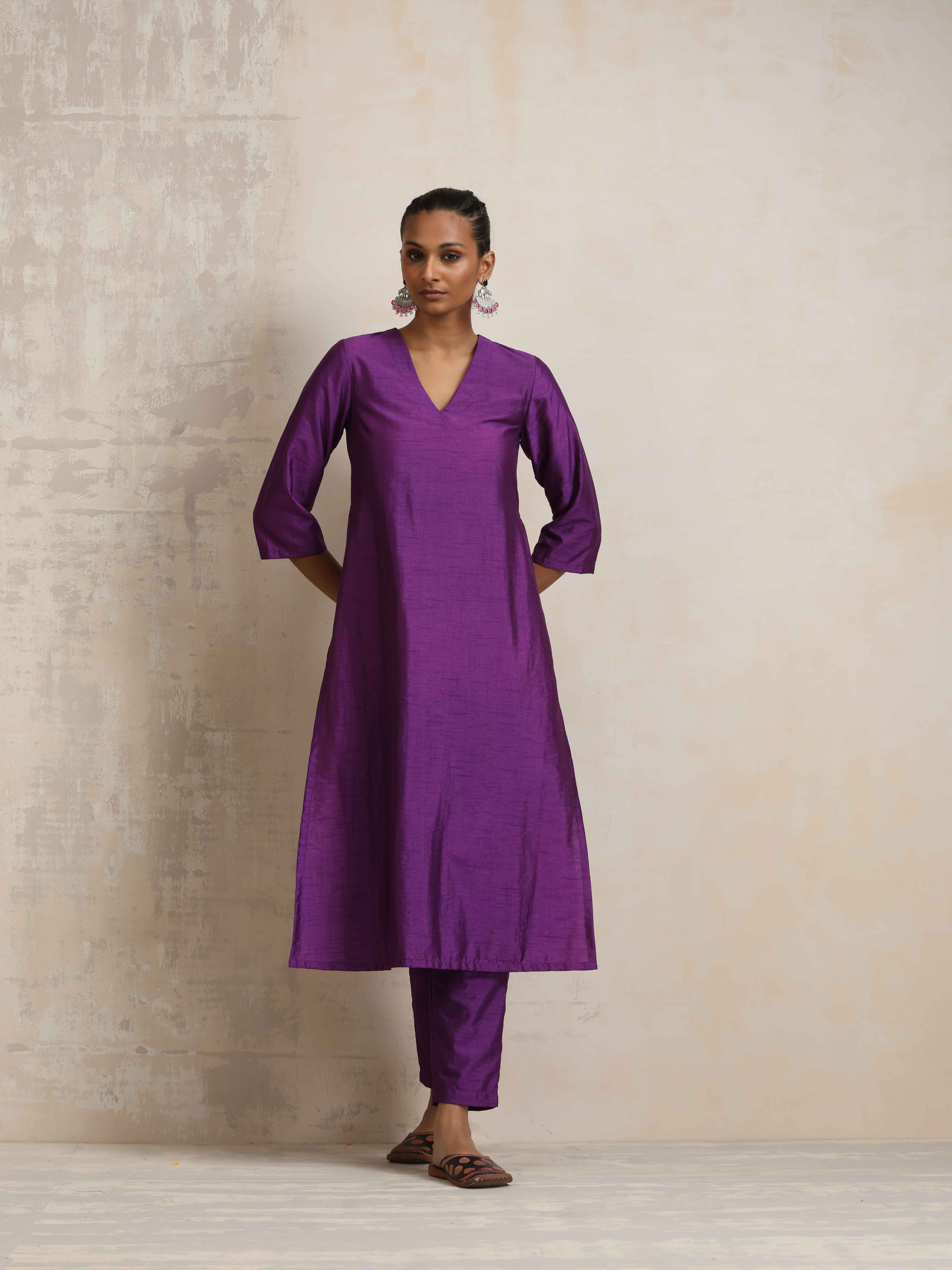 trueBrowns Purple Silk High Slit Kurta Set - Distacart