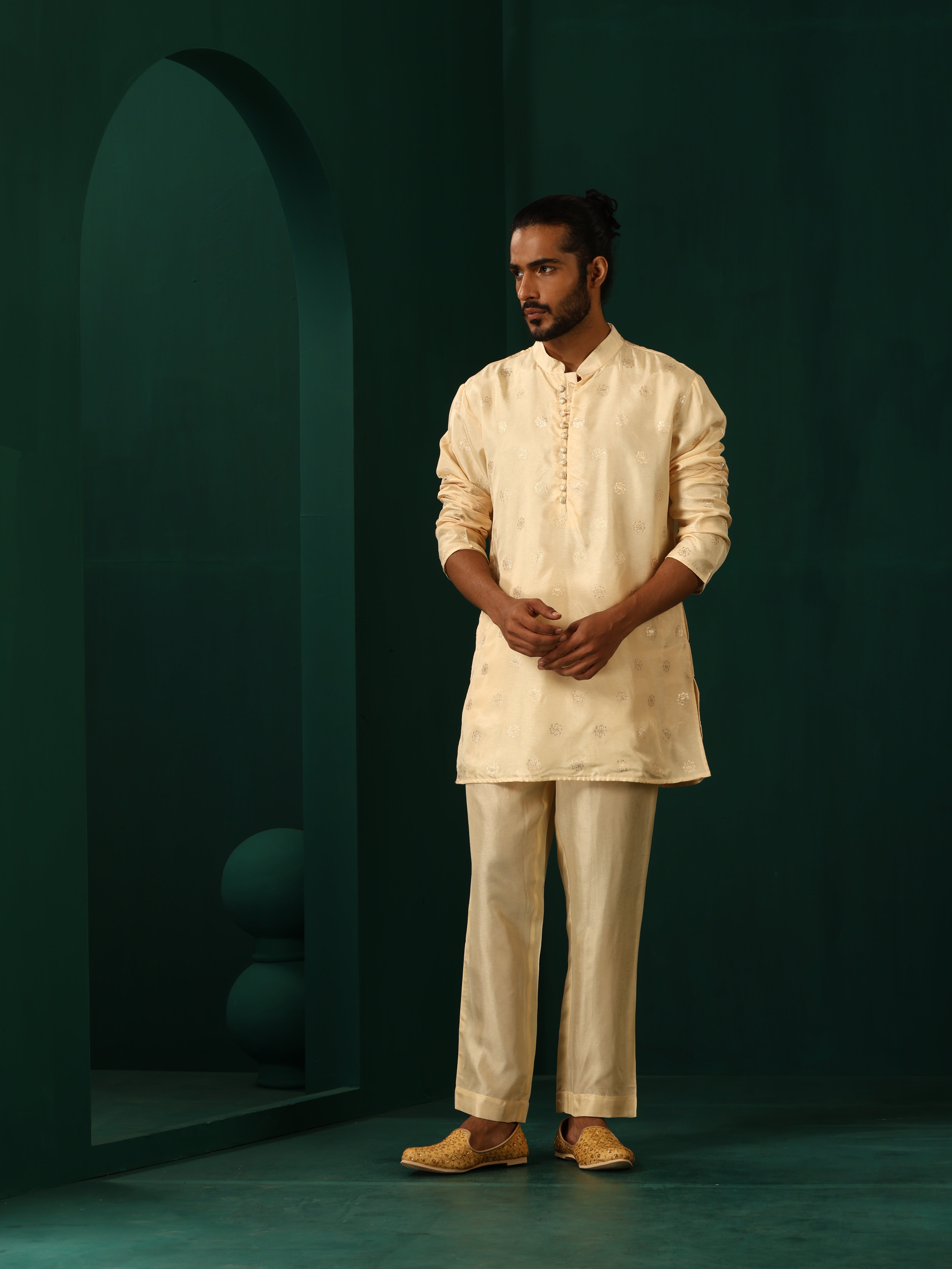 trueBrowns Men's Ivory Geometric Floral Viscose Silk Co-ord Set - Distacart