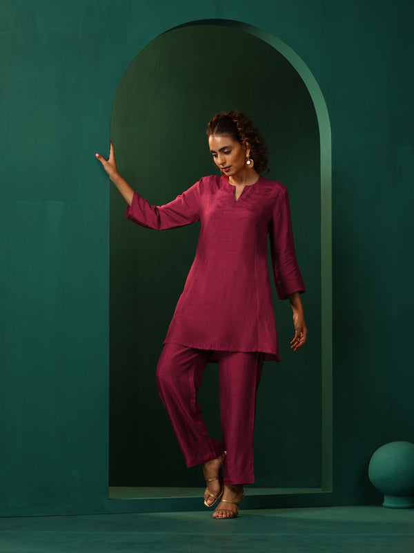 trueBrowns Maroon Silk Relaxed Co-ord Set - Distacart