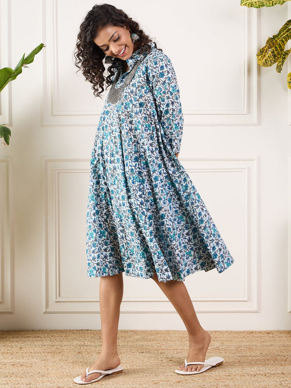 InWeave Aqua Blue Floral Grey Jaal Collar Flared Dress