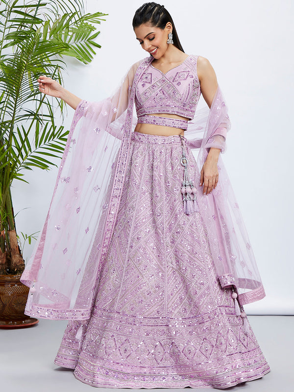 House of Panchhi Sea Green Georgette Sequins And Thread Embroidery Lehenga Choli & Dupatta - Distacart