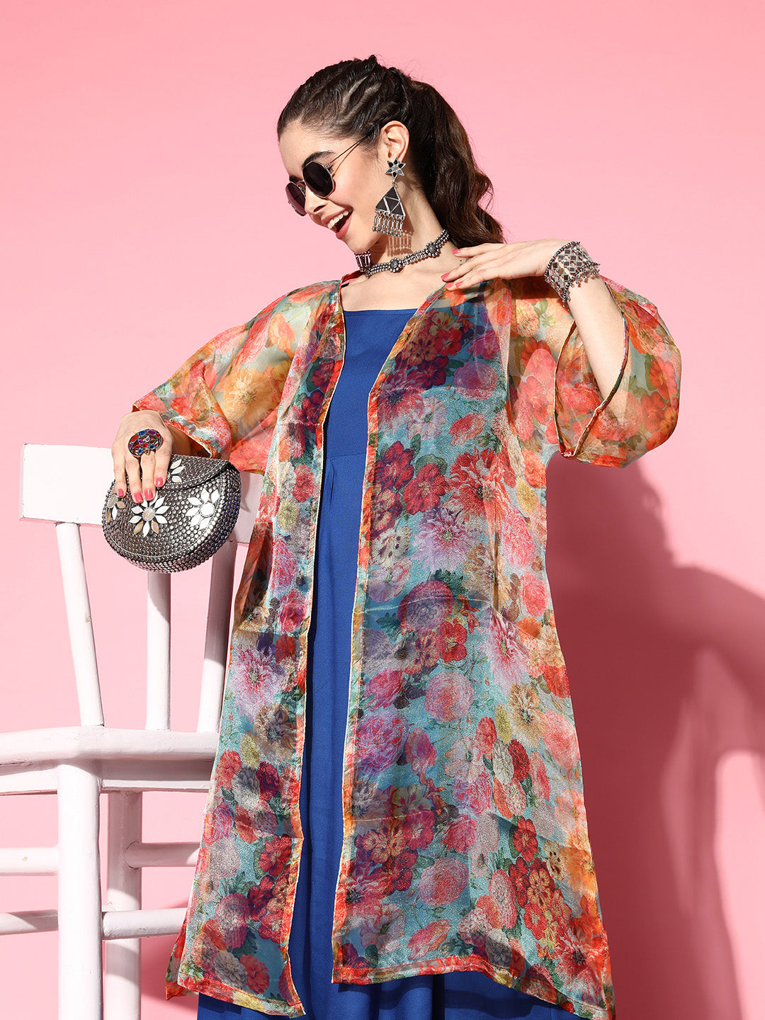 InWeave Ink Blue Strappy Set With Green Floral Long Organza Cape - Distacart