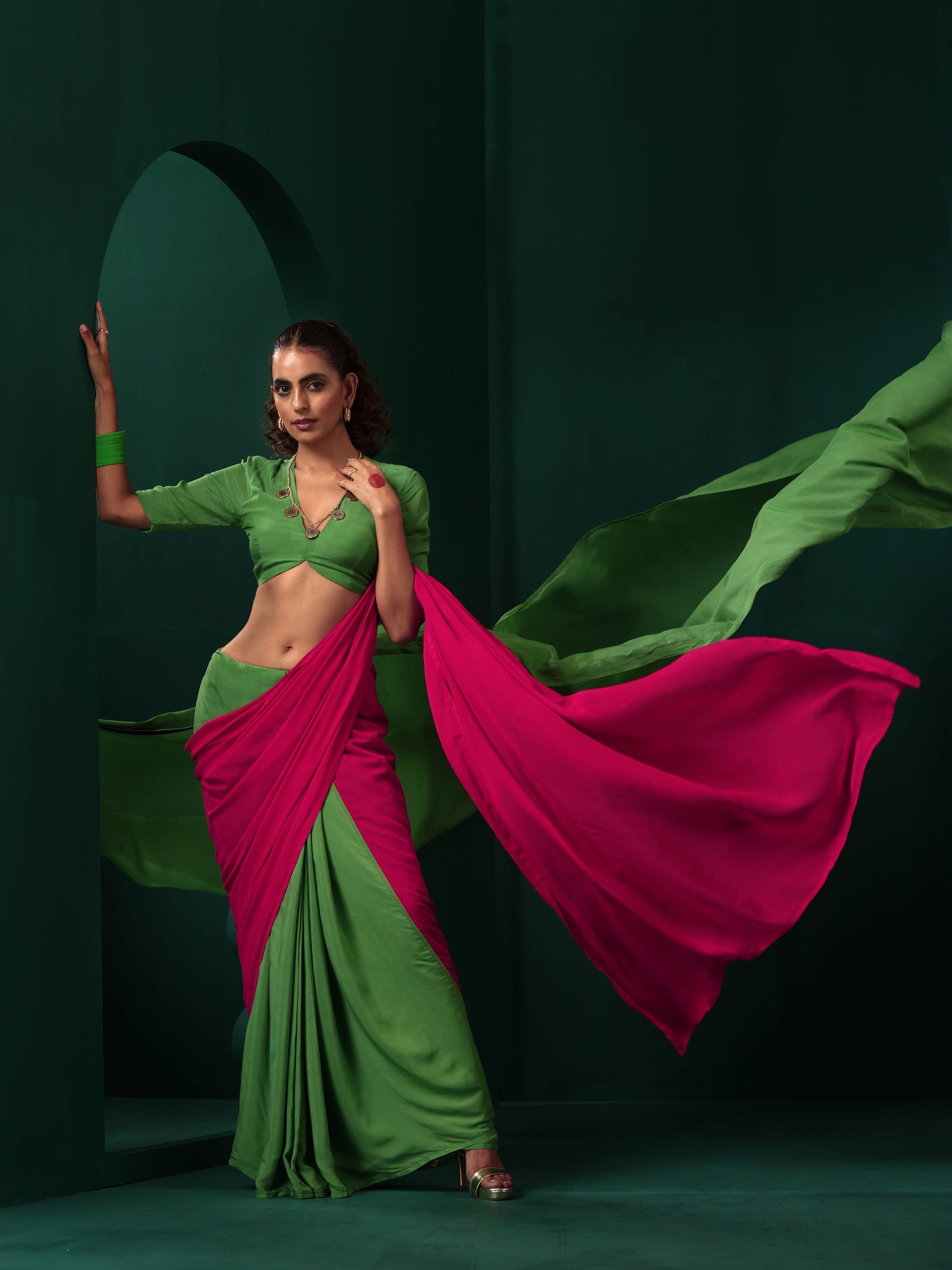 trueBrowns Green Pink Muslin Silk Ready To Wear Saree - Distacart