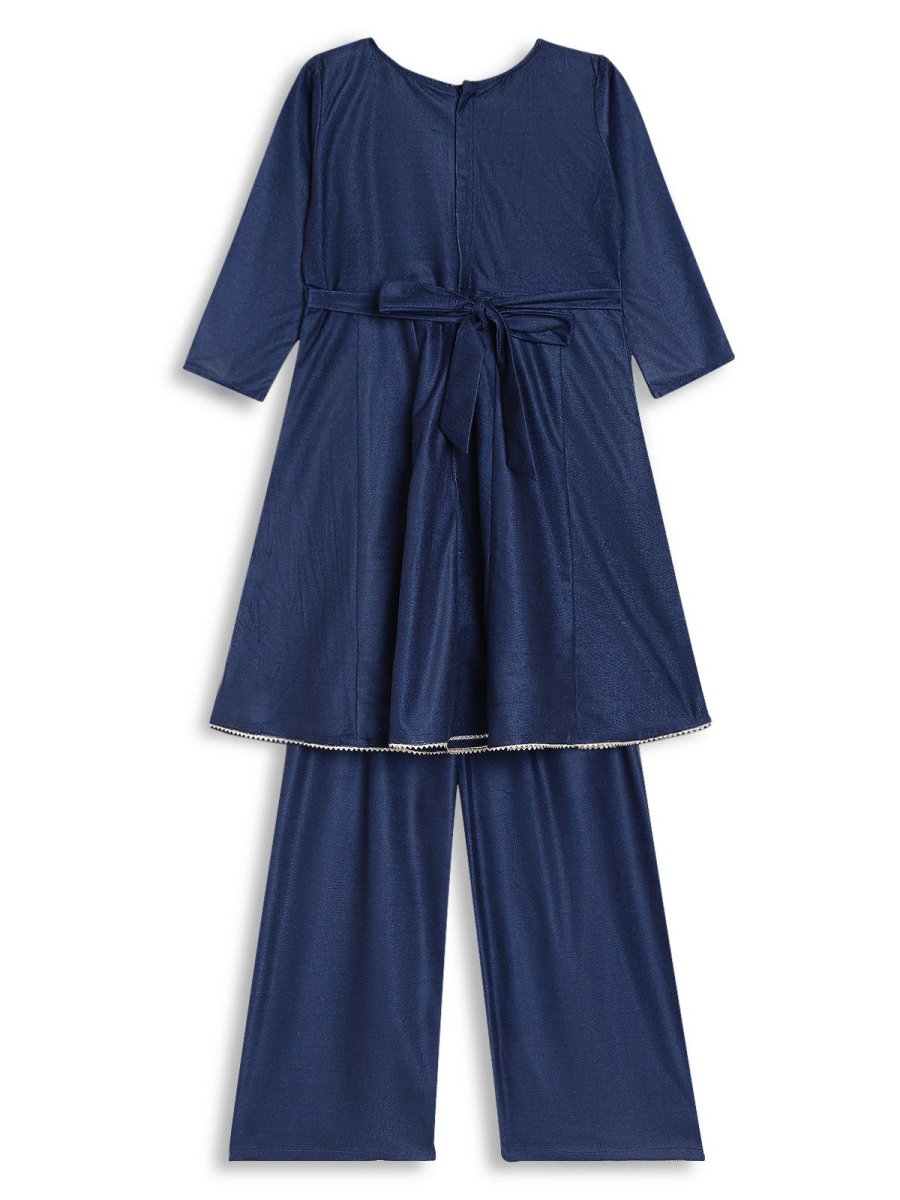 Ahalyaa Girls Navy Blue Velvet Angrakha Gotta Patti Kids Kurta with Palazzos - Distacart