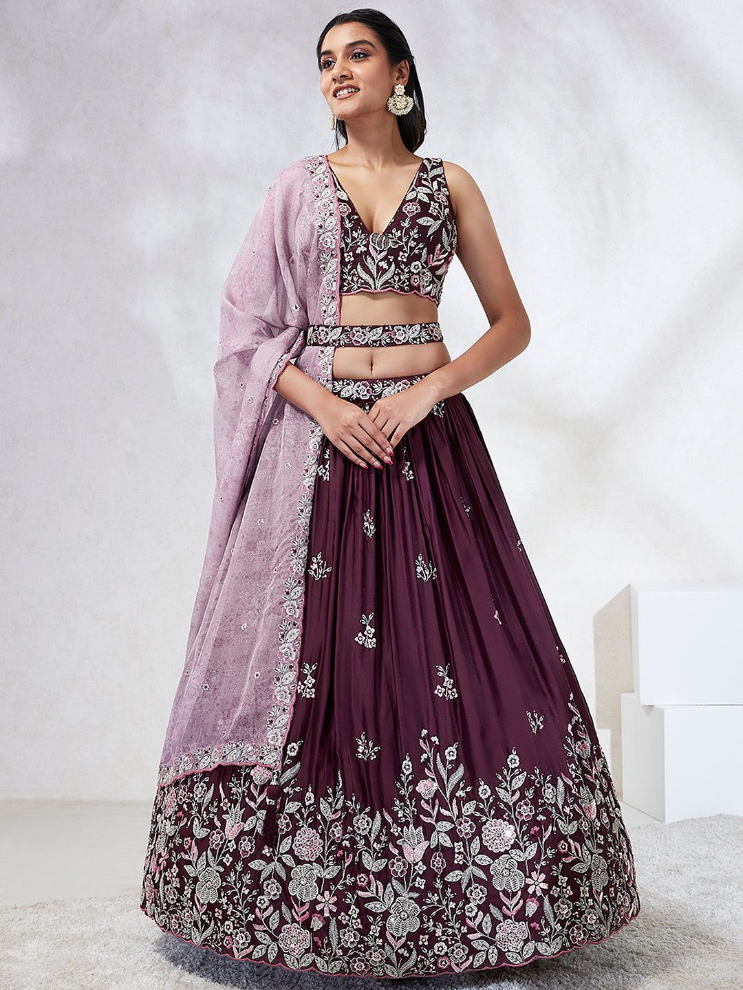 House of Panchhi Burgundy Pure Georgette Sequins And Thread Embroidery Lehenga Choli & Dupatta - Distacart