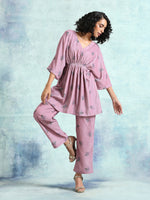 Thumbnail for trueBrowns Light Mauve Printed Velvet Co-Ord Set - Distacart